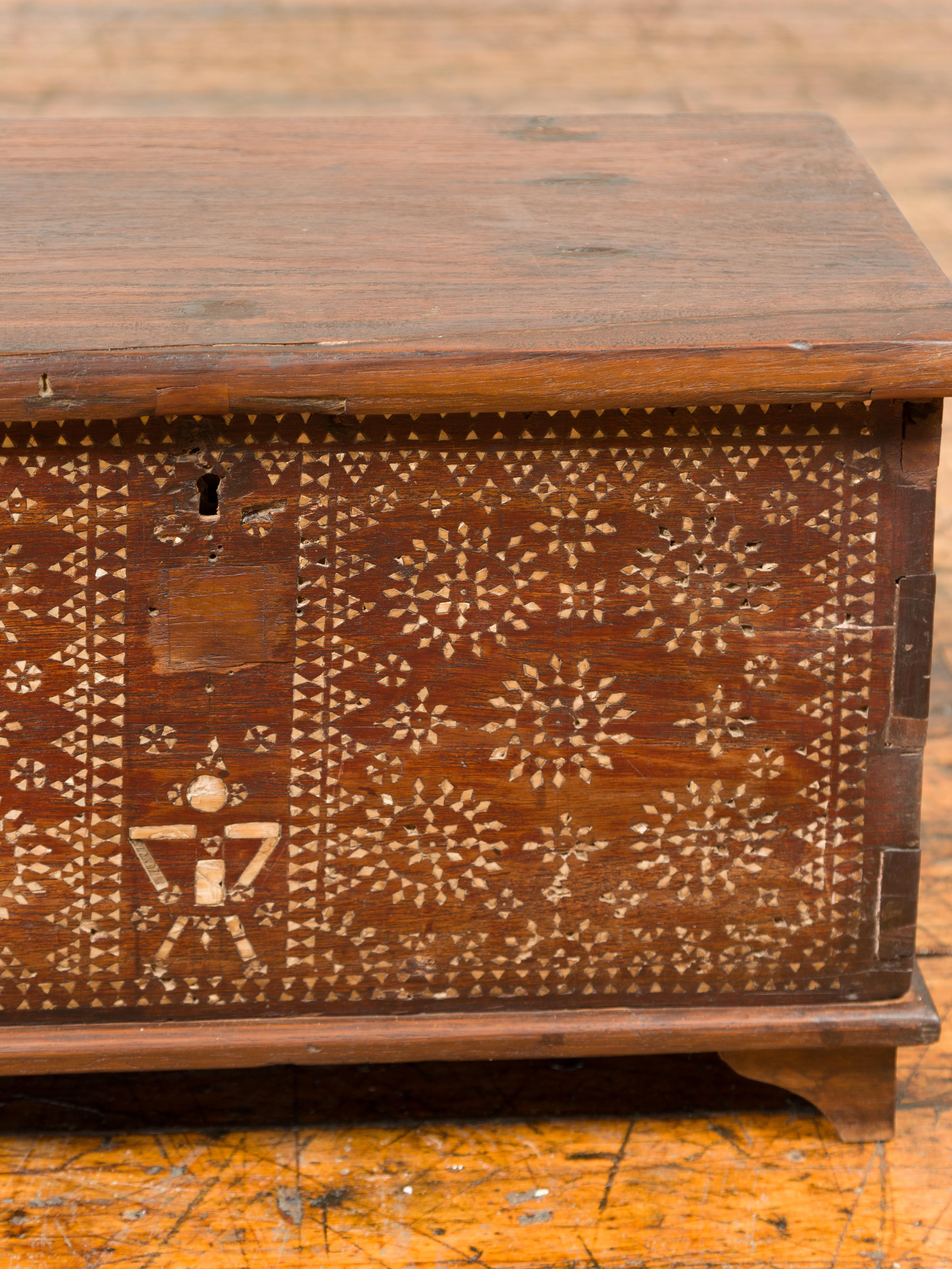 Indonesian Blanket Chest from Madura with Geometric Mother of Pearl Inlay In Good Condition In Yonkers, NY