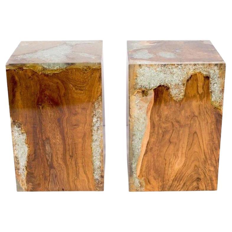 Pair of Indonesian Bleached Teak Wood and Cracked Resin Side Tables