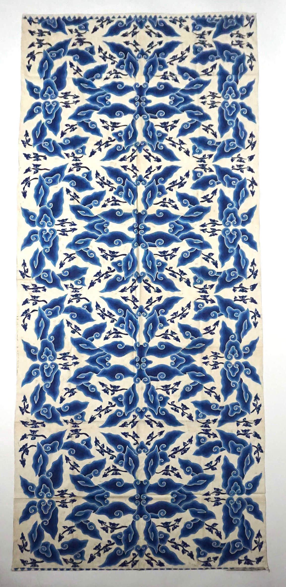 A fine and large semi-antique circa 1930 Indonesian batik finely-woven cotton panel from Cirebon, West Java having blue and white 
