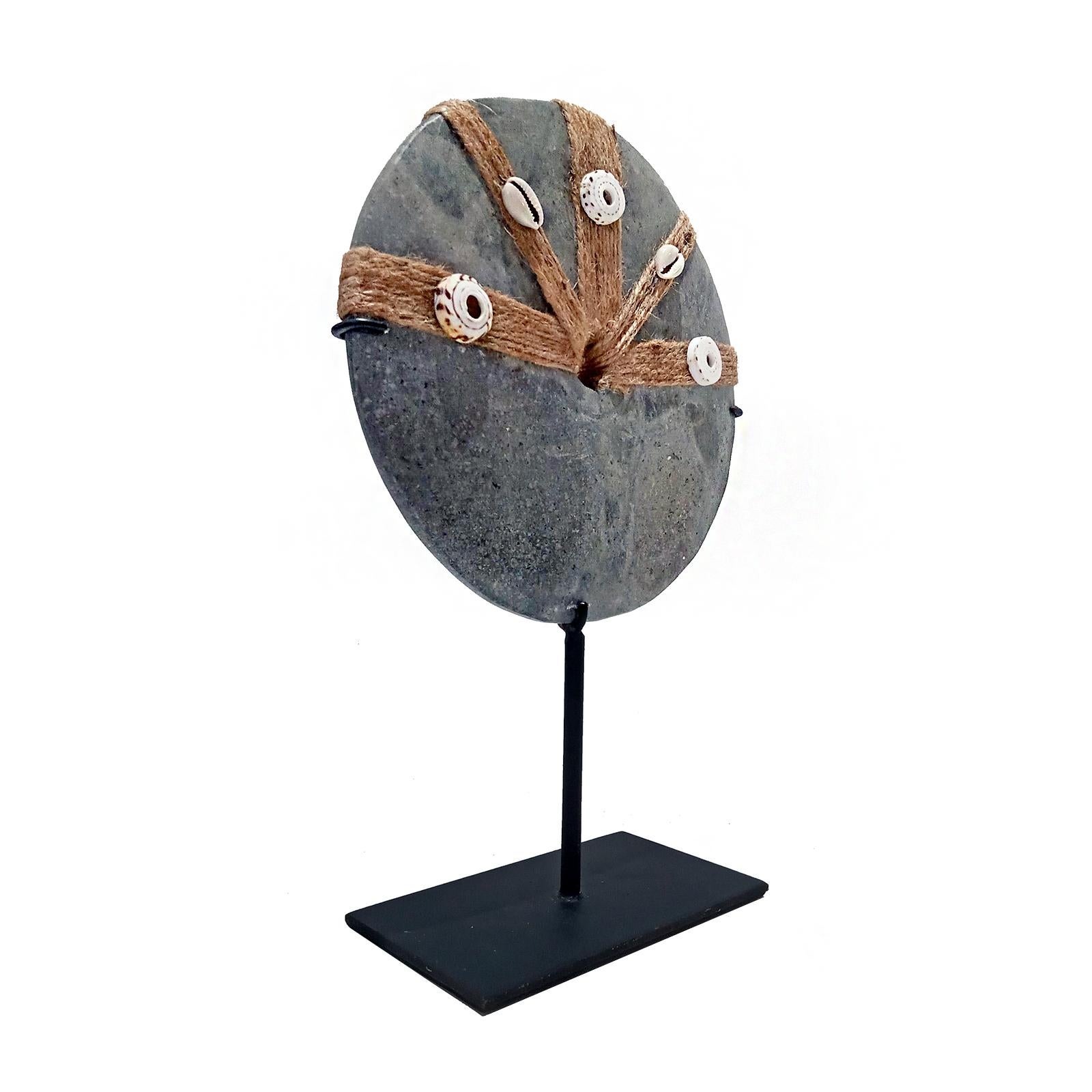 Organic Modern Indonesian Grey Stone Coin on Stand For Sale