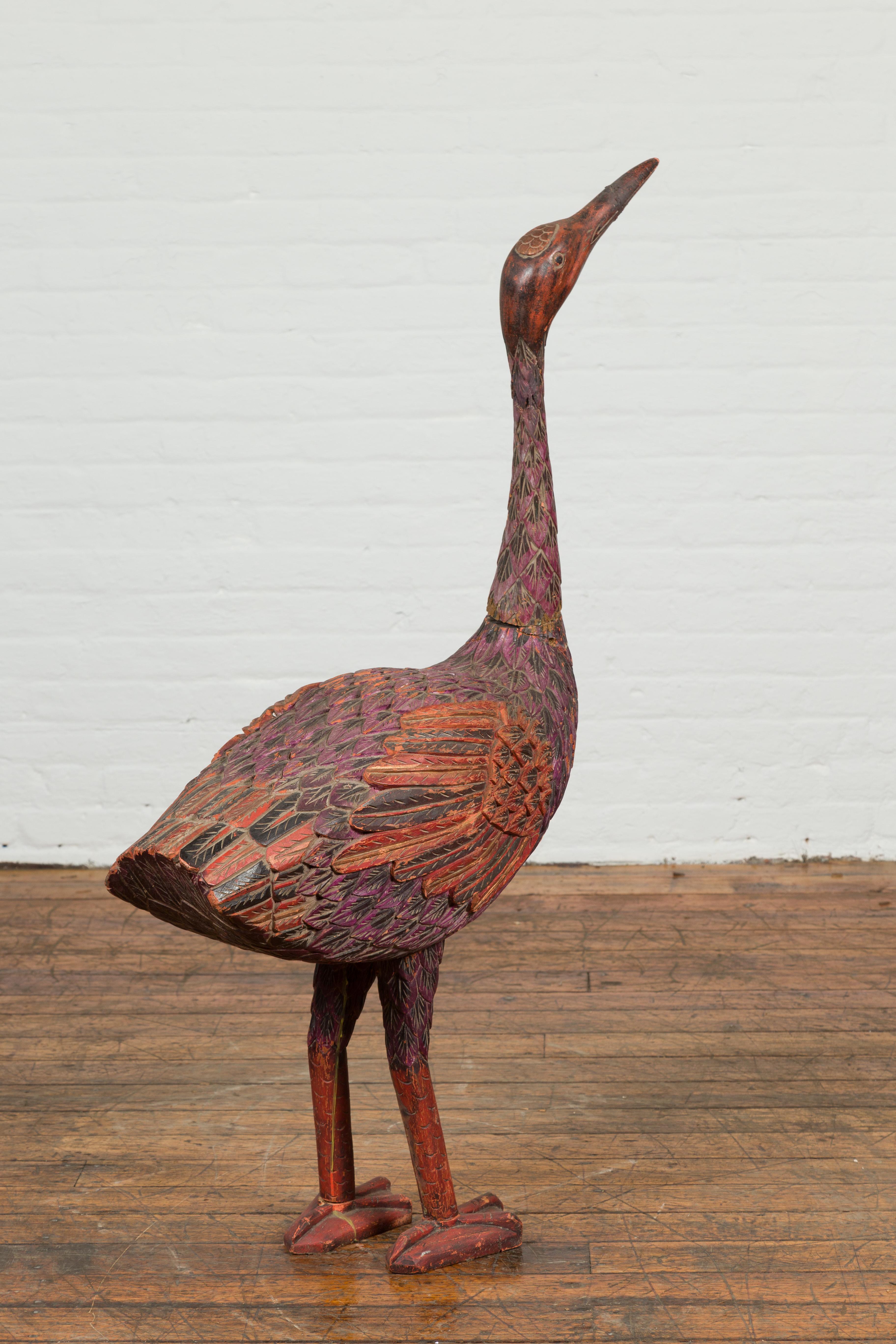 Indonesian Hand Carved Heron Sculpture with Purple, Orange and Black Tones For Sale 5