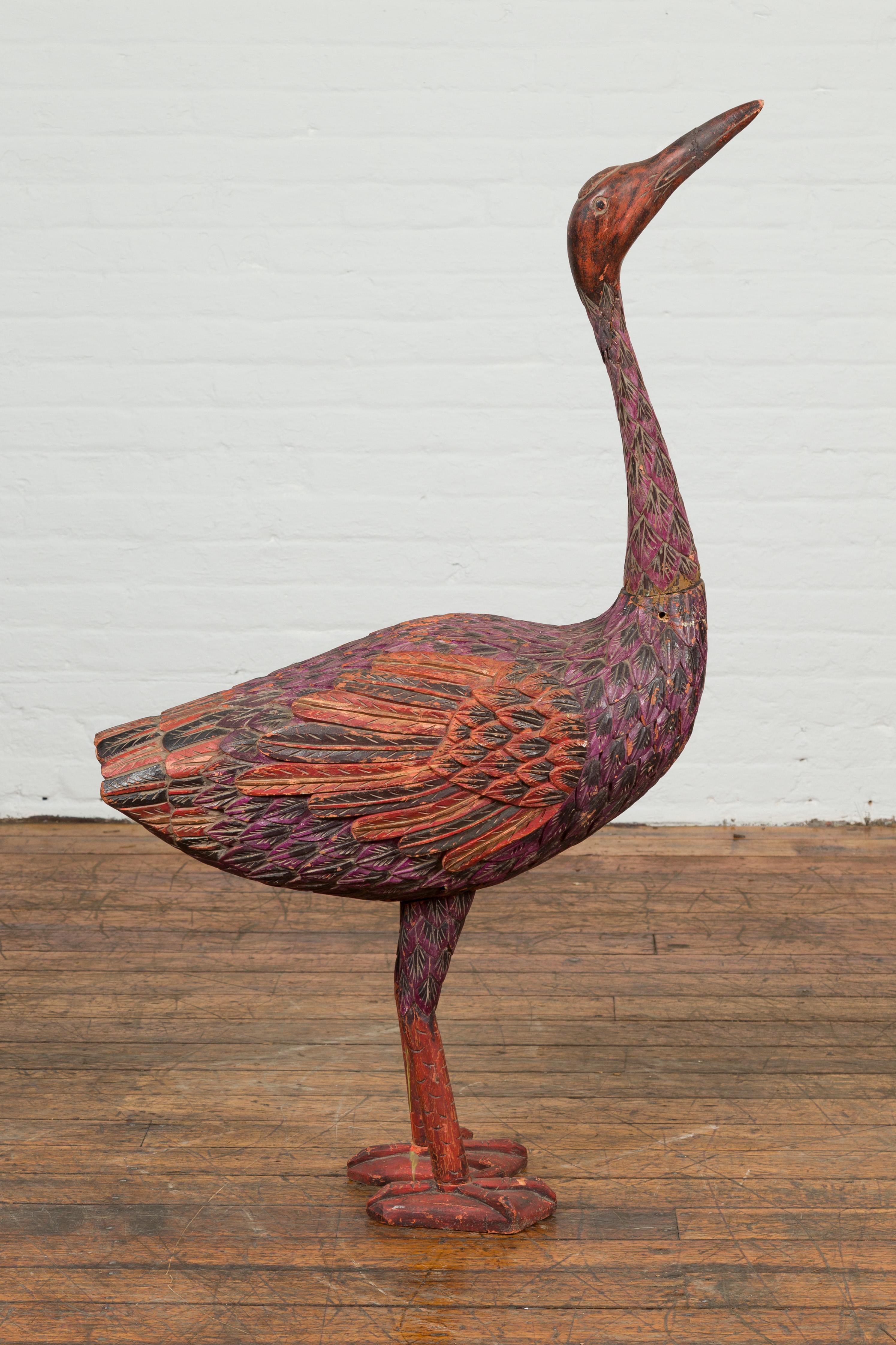 Indonesian Hand Carved Heron Sculpture with Purple, Orange and Black Tones For Sale 6