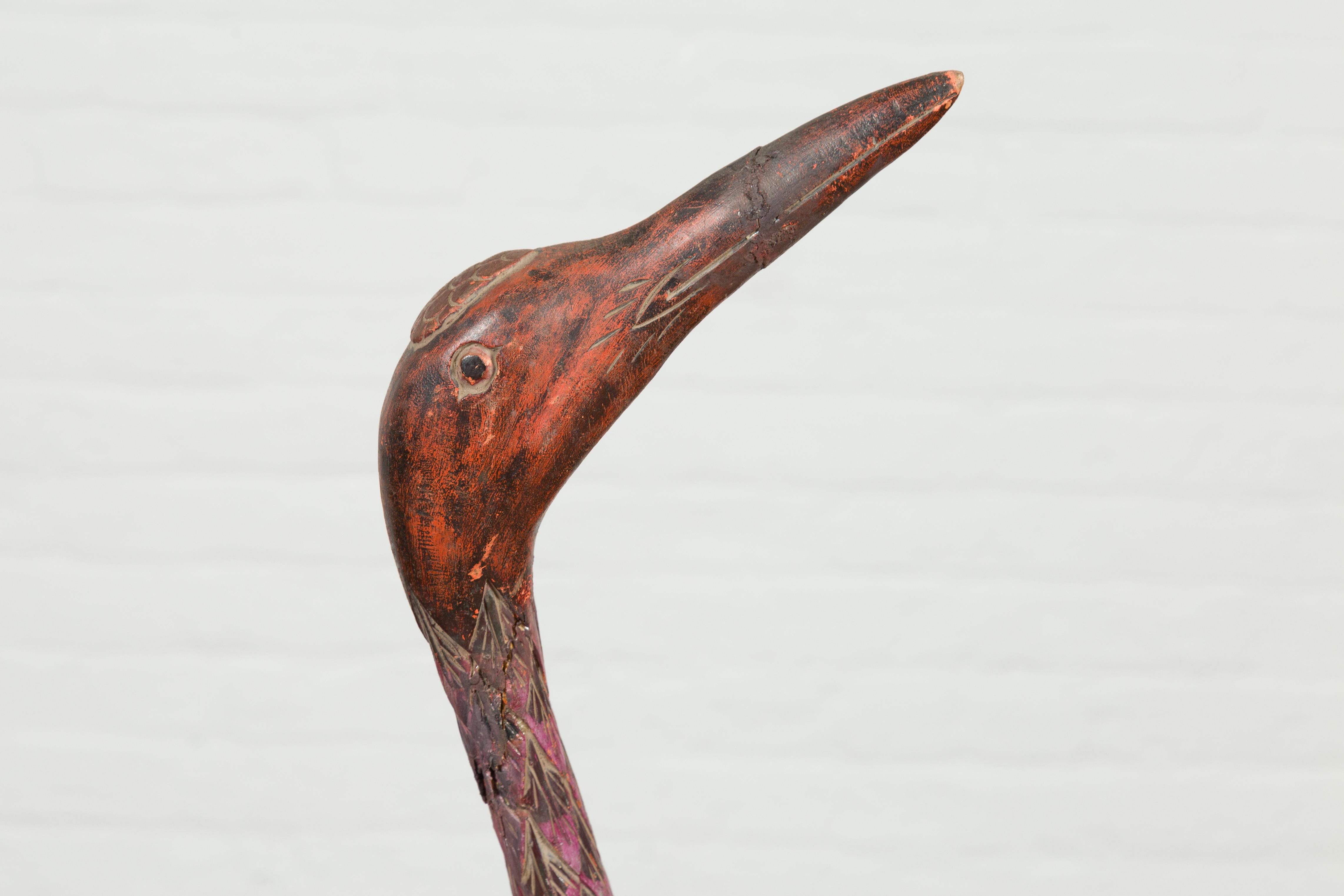 Indonesian Hand Carved Heron Sculpture with Purple, Orange and Black Tones For Sale 7