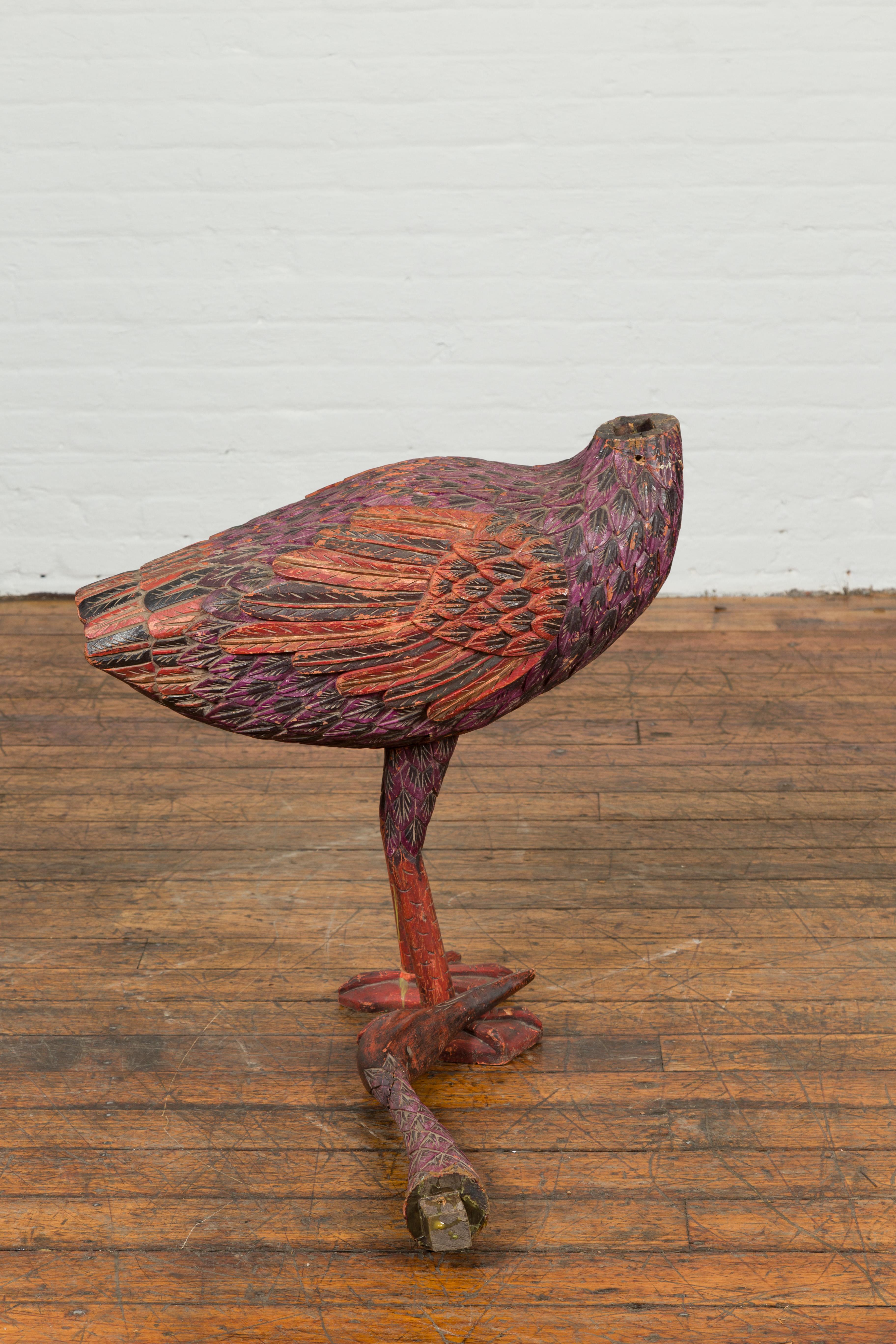Indonesian Hand Carved Heron Sculpture with Purple, Orange and Black Tones For Sale 8