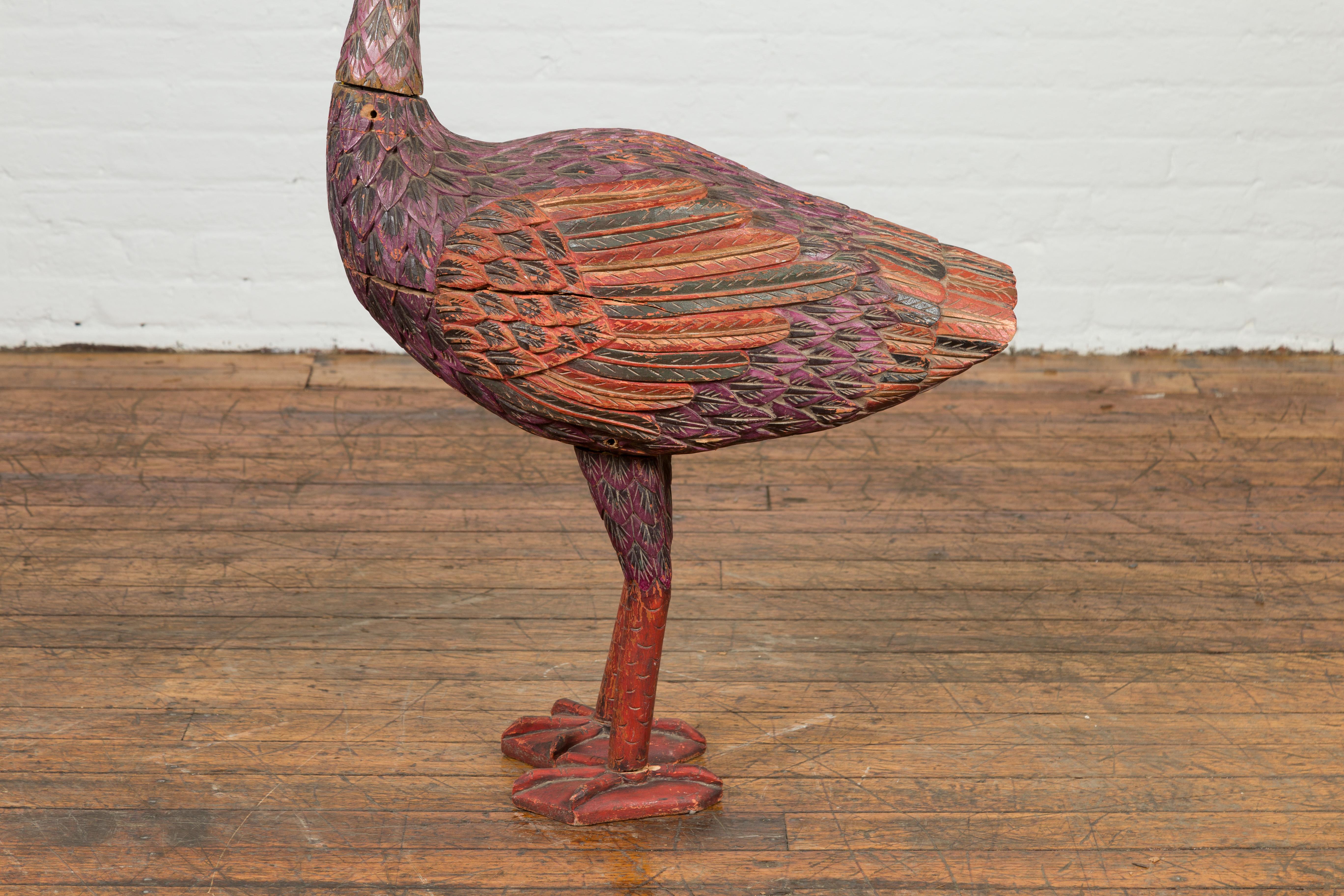 Indonesian Hand Carved Heron Sculpture with Purple, Orange and Black Tones For Sale 2