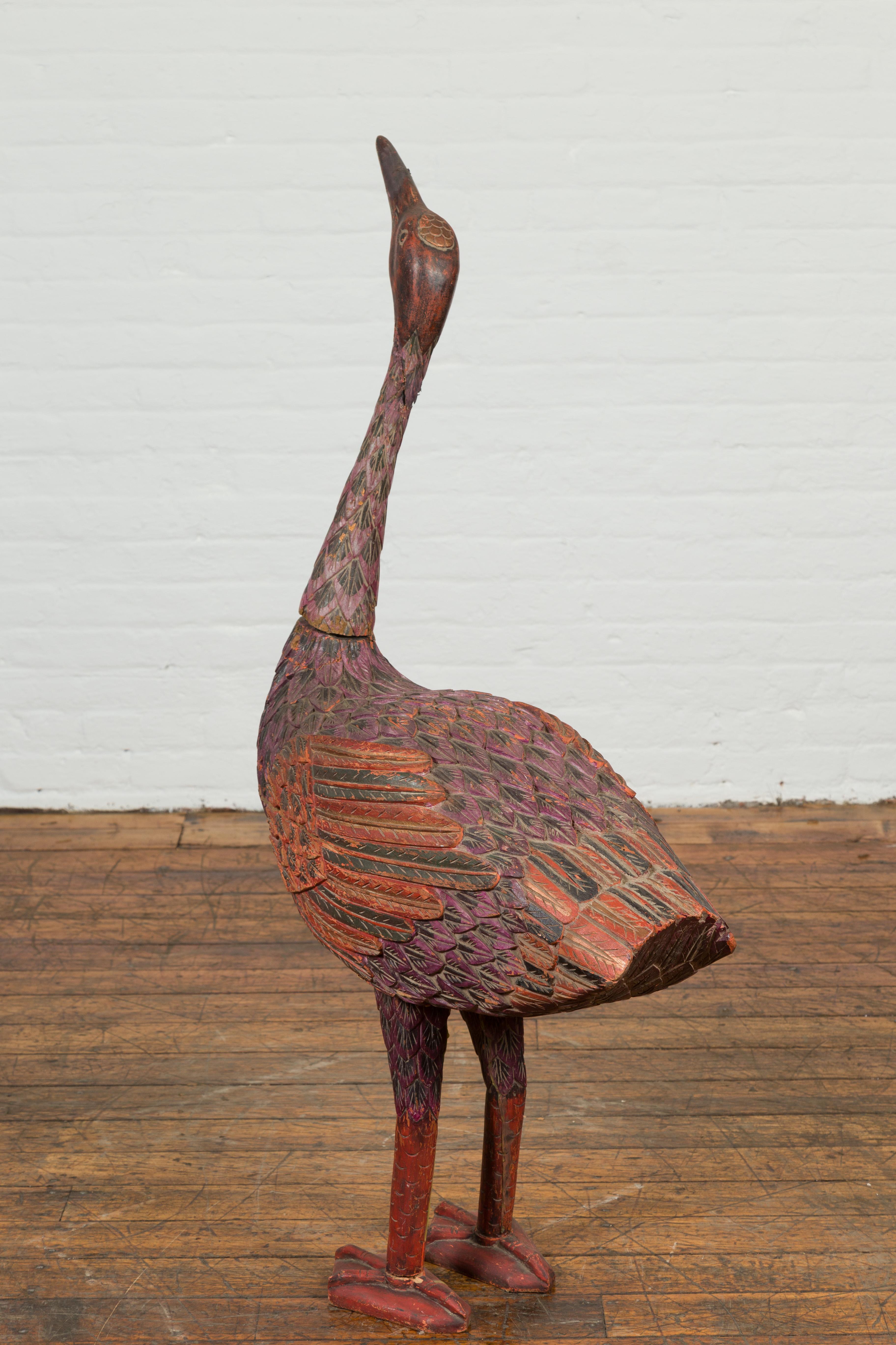 Indonesian Hand Carved Heron Sculpture with Purple, Orange and Black Tones For Sale 3