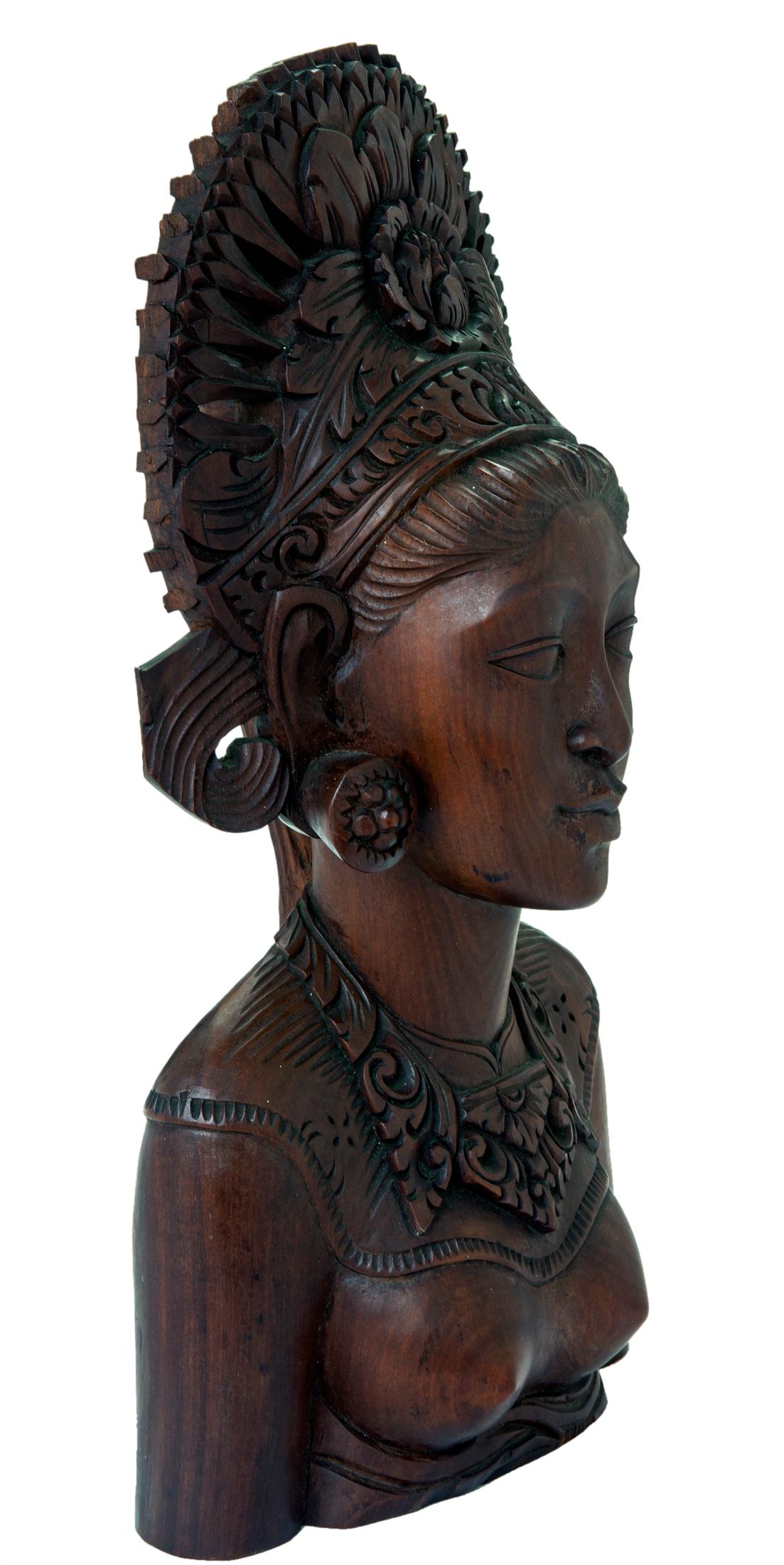 Hand-Carved Indonesian Hand Carved Wooden Bust of a Woman For Sale