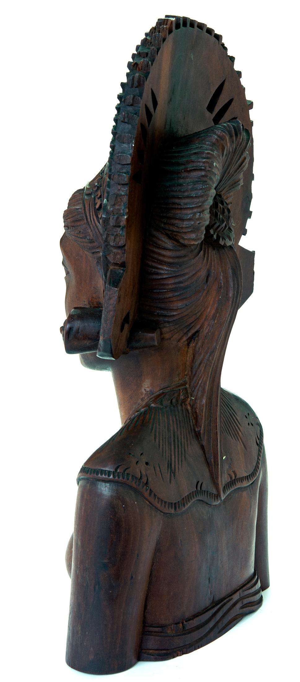 Rosewood Indonesian Hand Carved Wooden Bust of a Woman For Sale