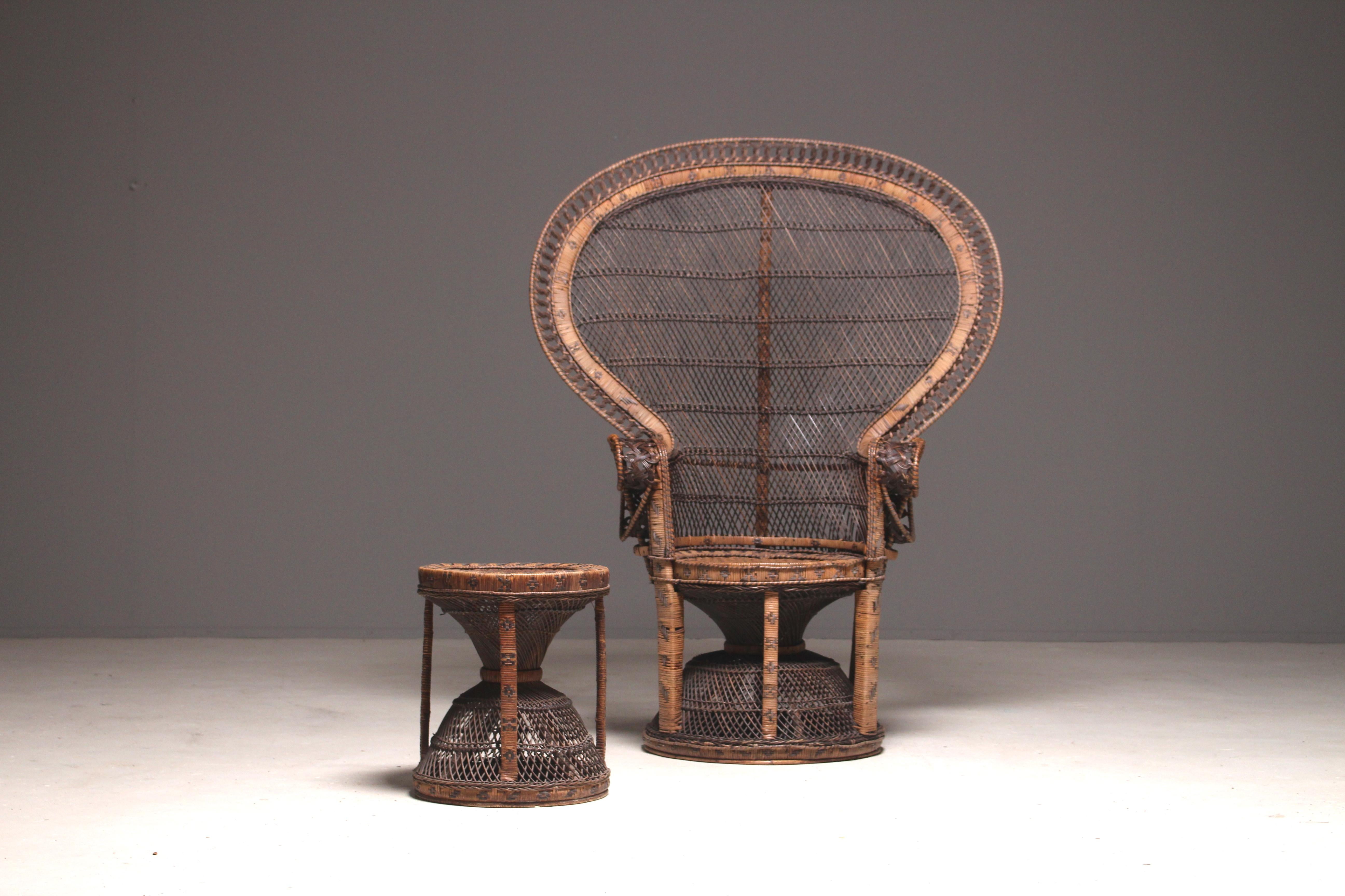 A two-tone Indonesian peacock chair and stool made out of bamboo and rattan. Excellent craftsmanship was needed to built these beautiful pieces of art.
The stool is extremely rare and is perfectly matching with the chair.
This chair became iconic