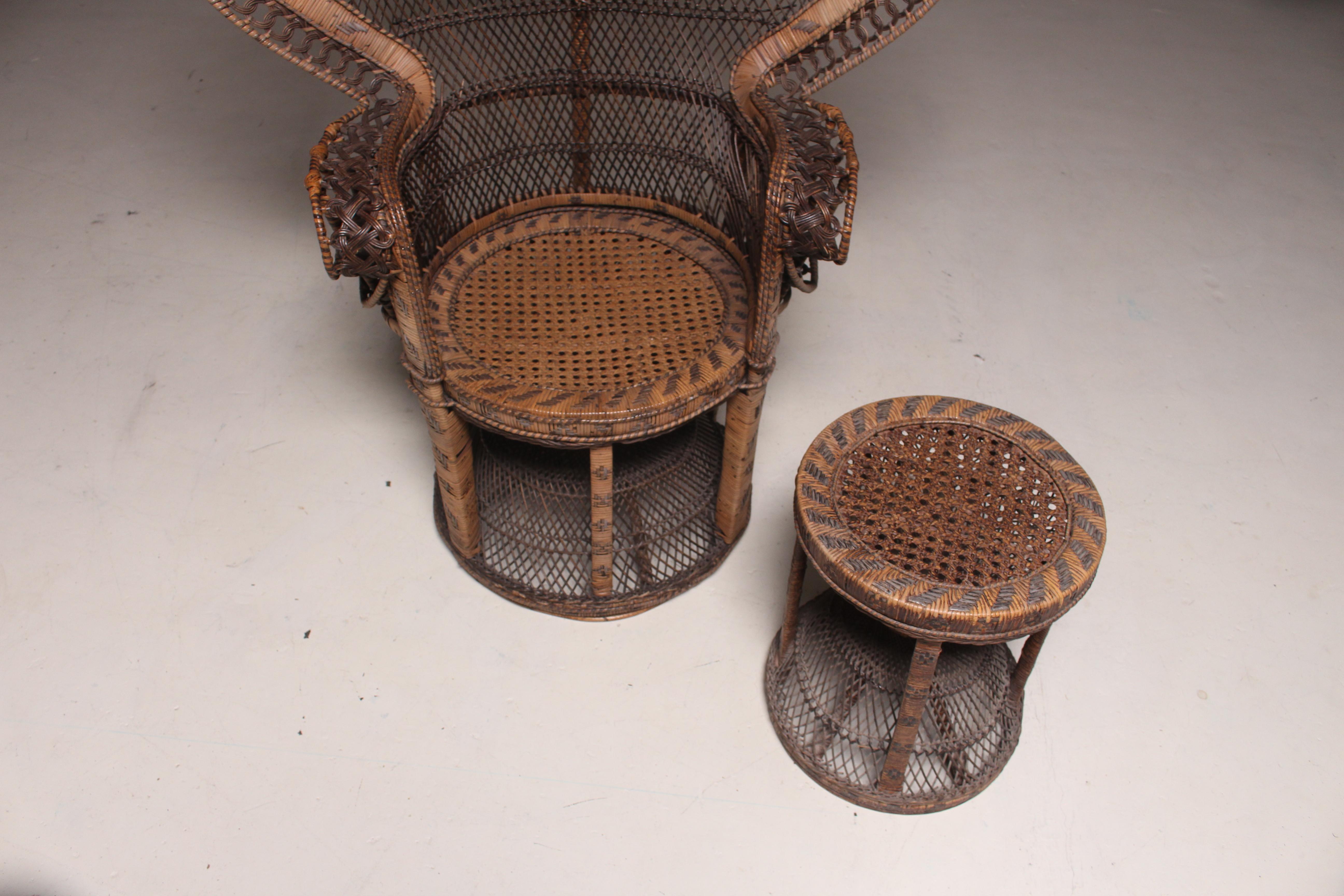 Wicker Indonesian Large Peacock Emmanuelle Chair with a Rare Stool, 1970s For Sale