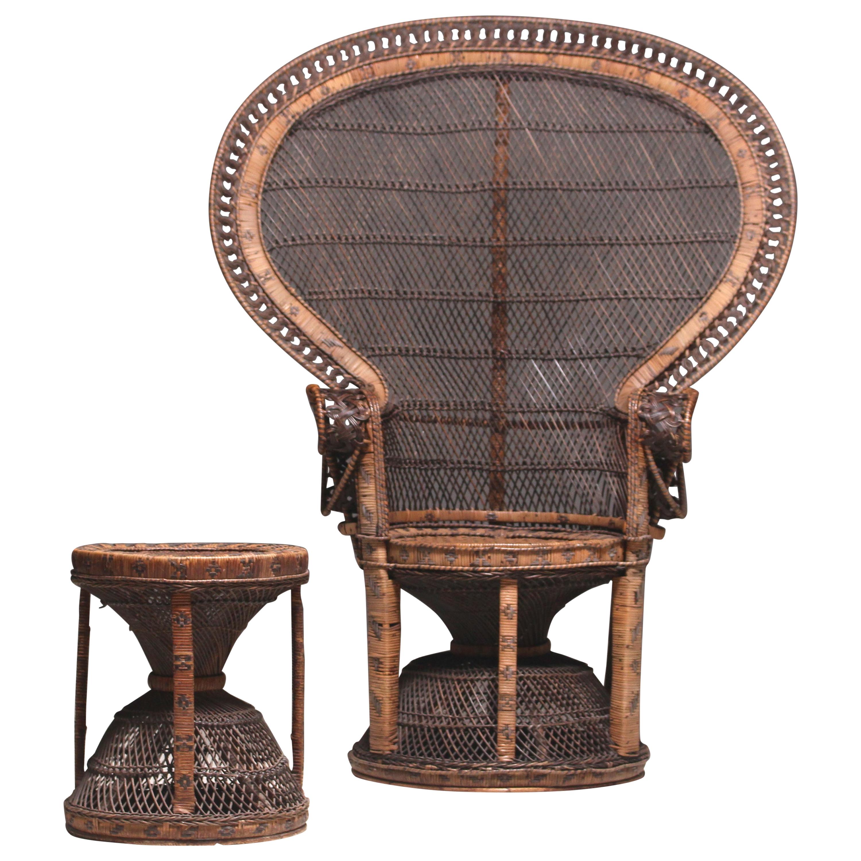 Indonesian Large Peacock Emmanuelle Chair with a Rare Stool, 1970s For Sale