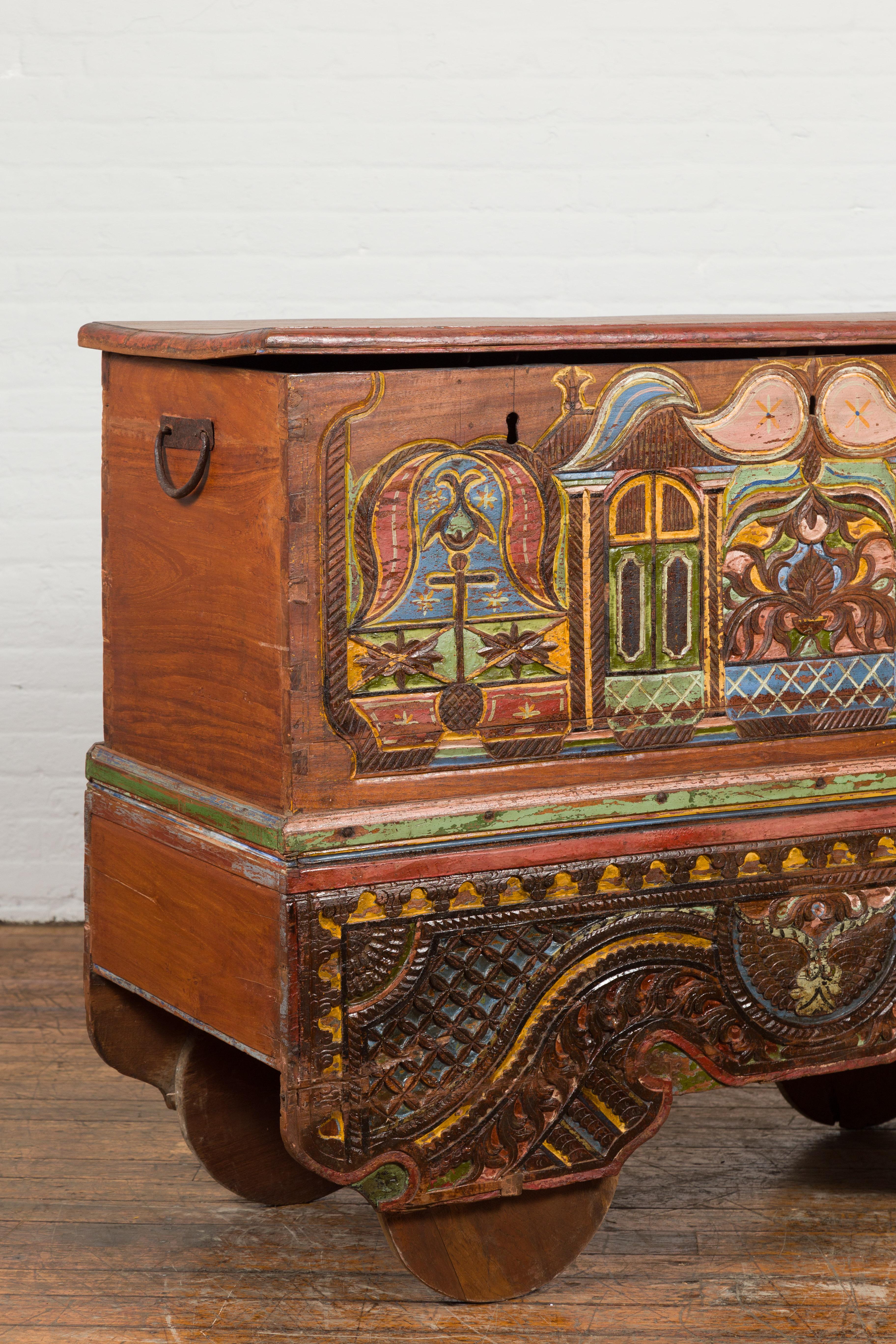 Indonesian Madurese 19th Century Polychrome Merchant's Blanket Chest on Wheels For Sale 6