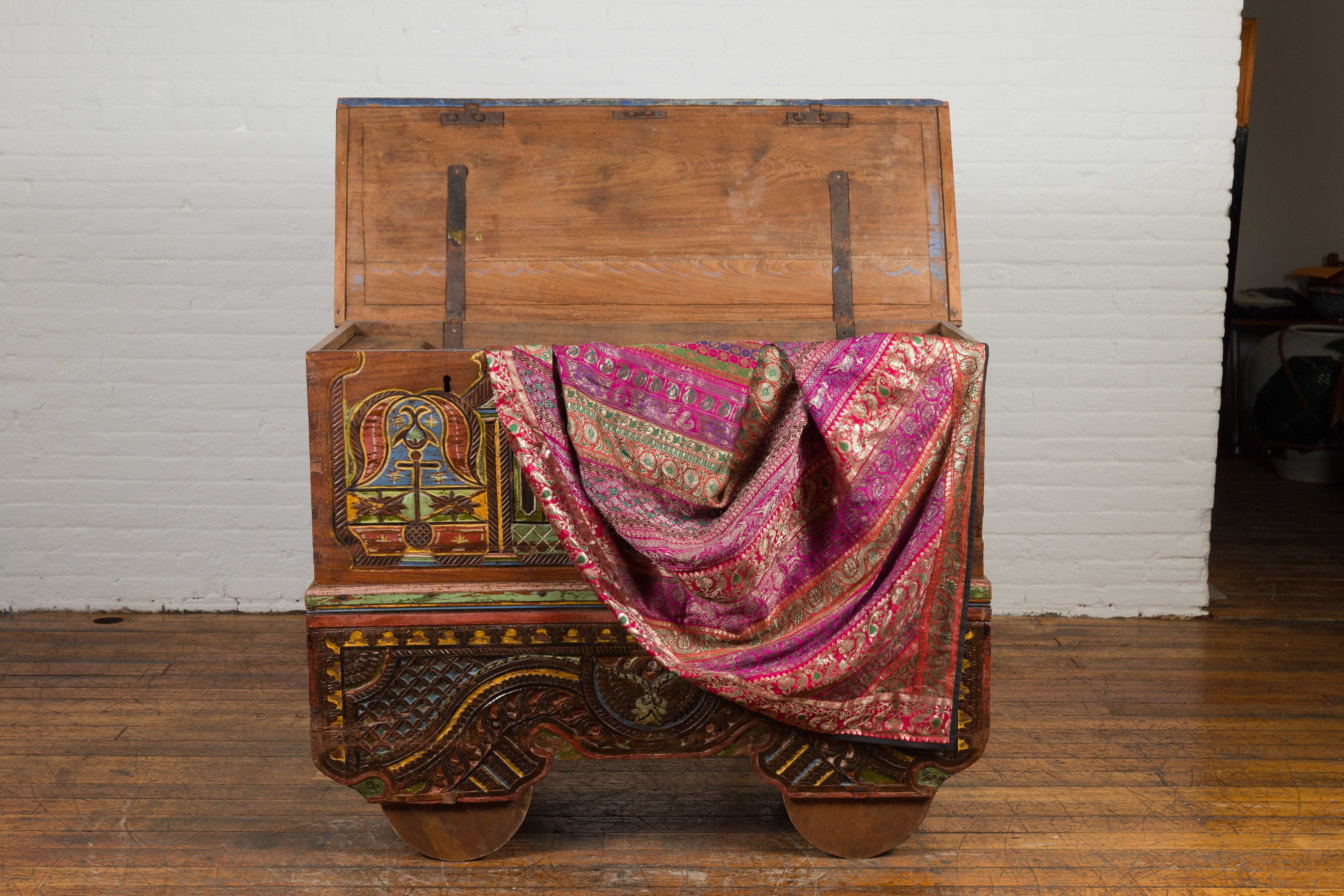 Hand-Carved Indonesian Madurese 19th Century Polychrome Merchant's Blanket Chest on Wheels For Sale