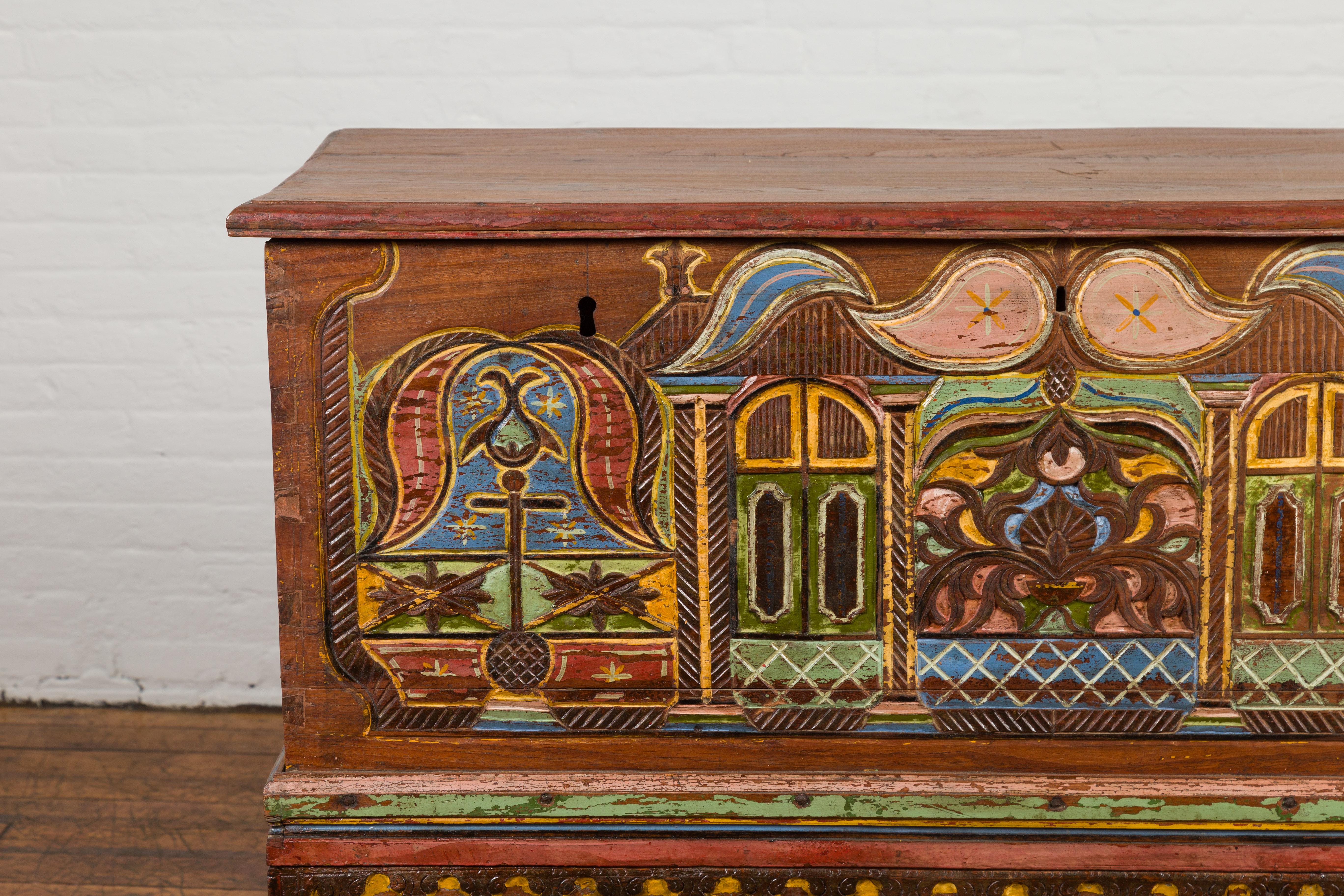 Indonesian Madurese 19th Century Polychrome Merchant's Blanket Chest on Wheels In Good Condition For Sale In Yonkers, NY
