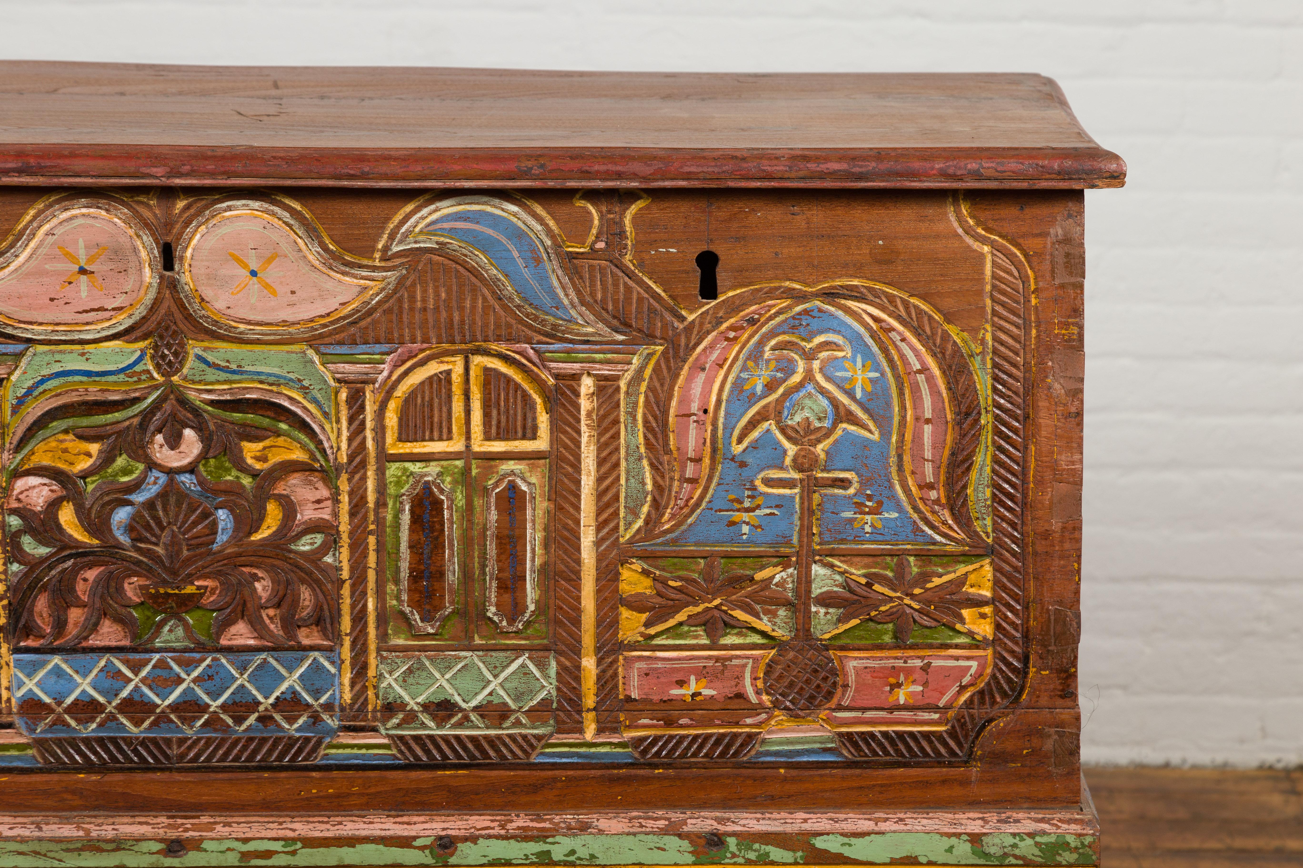 Wood Indonesian Madurese 19th Century Polychrome Merchant's Blanket Chest on Wheels For Sale