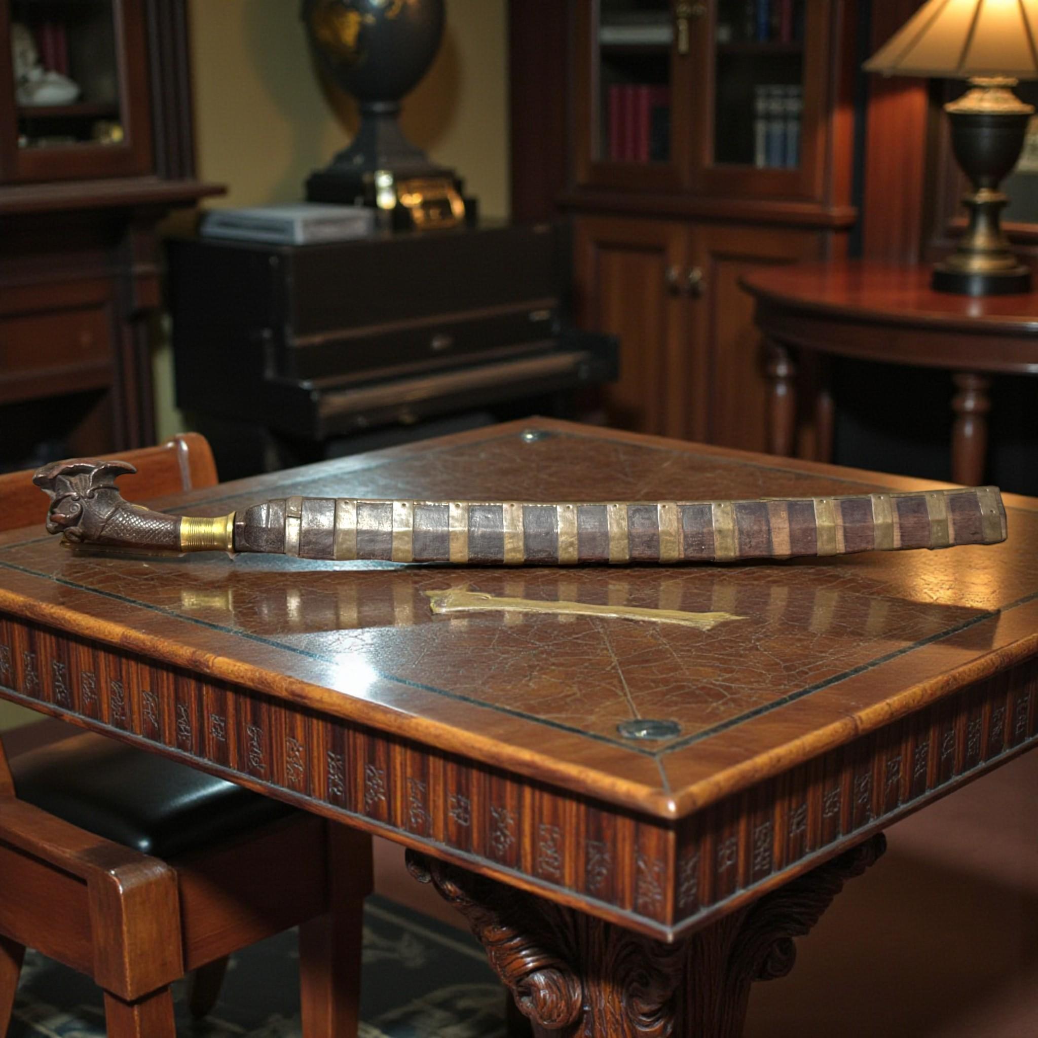 This striking sword from Nias Island, Indonesia features a long single-edged blade paired with its original segmented wooden scabbard, reinforced with alternating brass and dark wood bands. The craftsmanship is characteristic of traditional Nias