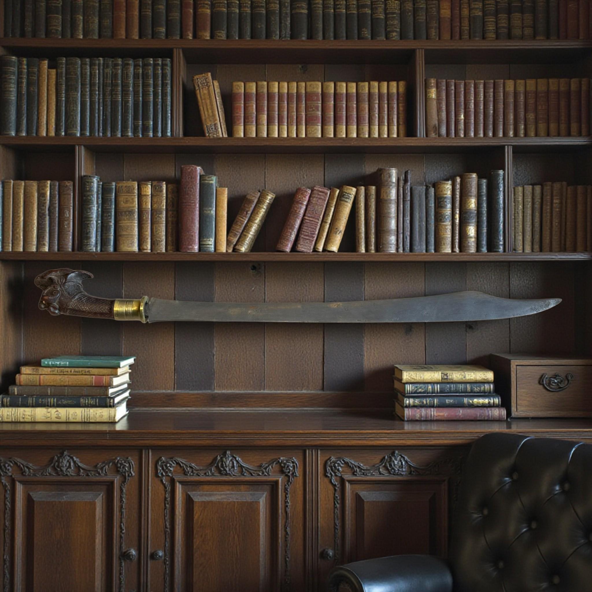 Tribale Indonesian Nias Sword with Carved Wooden Hilt and Brass-Bound Scabbard in vendita