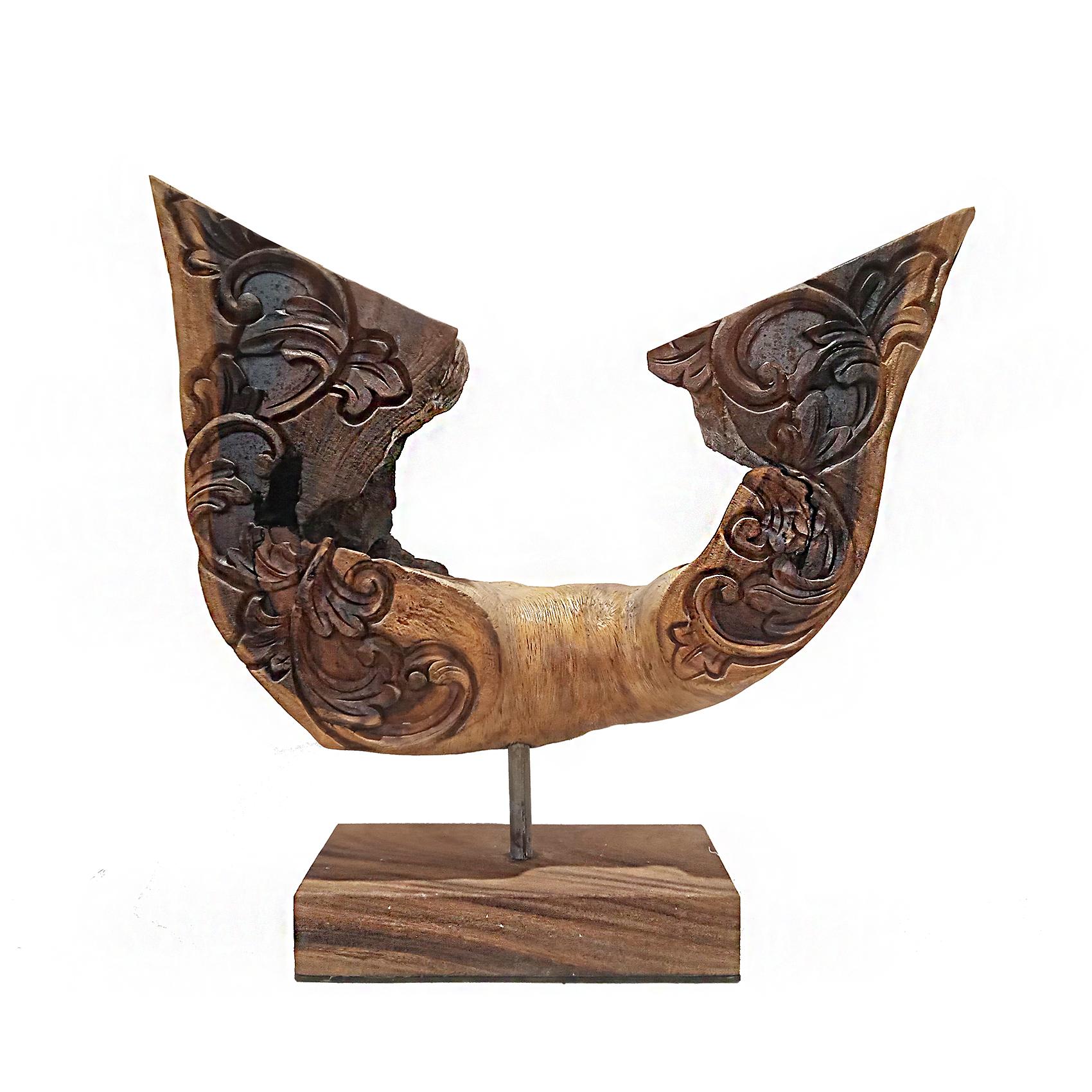 Hand-Carved Indonesian Reclaimed Wood Sculpture, Wing-Shaped For Sale