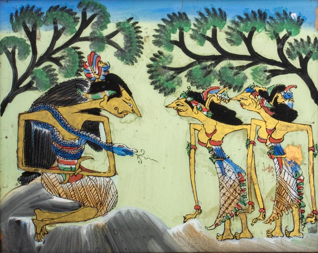 Indonésie, Javanais, peinture inversée sur verre de trois personnages à la peinture dorée, dont l'un avec un serpent bleu enroulé autour de son torse, dans un paysage arboré, dans un cadre en bois ébonisé. Image : 11,5