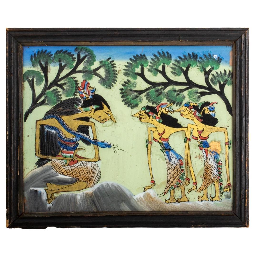 Indonesian Reverse Painting on Glass with Gilt For Sale