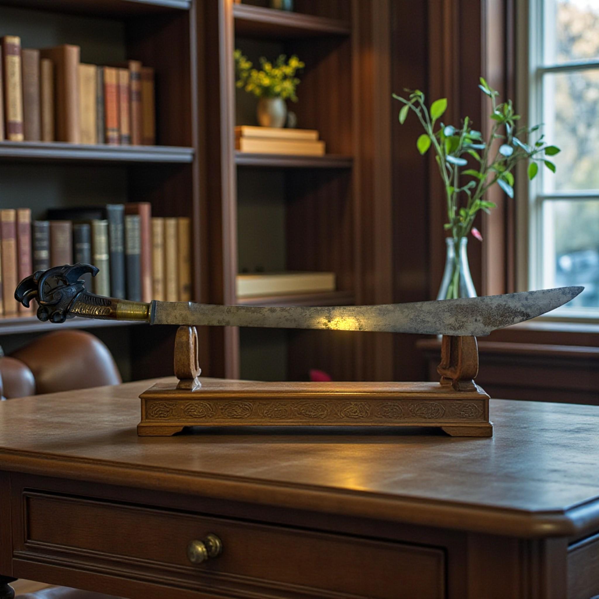 An impressive ethnographic sword from Nias Island, Indonesia, featuring a broad single-edged metal blade with a characteristic forward-curving profile and a naturally aged, mottled patina. Weapons from Nias are known for their distinctive sculptural