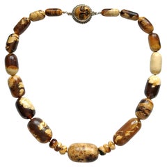 Indonesian Sumatran Amber Beaded Necklace 22", Sterling Silver Carved Bone Clasp