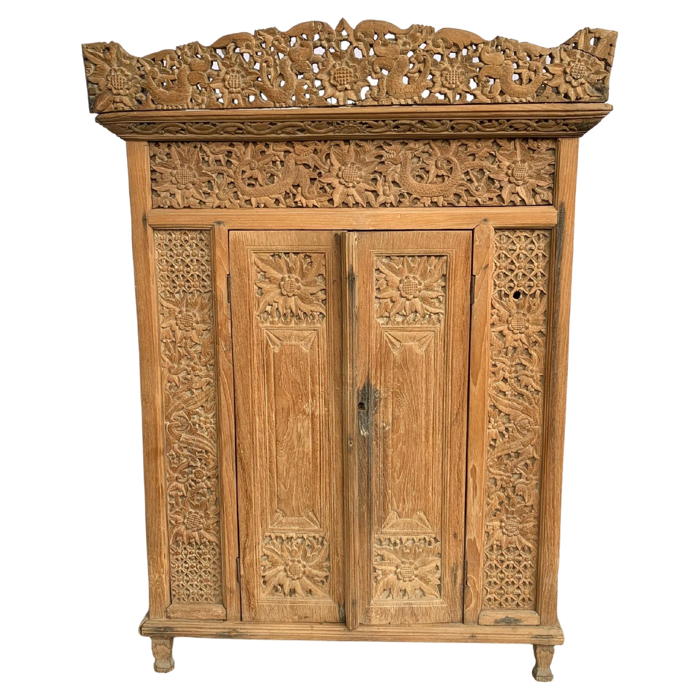 Small Vintage Teak Wood Cabinet Craft Handmade Carved Cupboard Furniture trapezo 