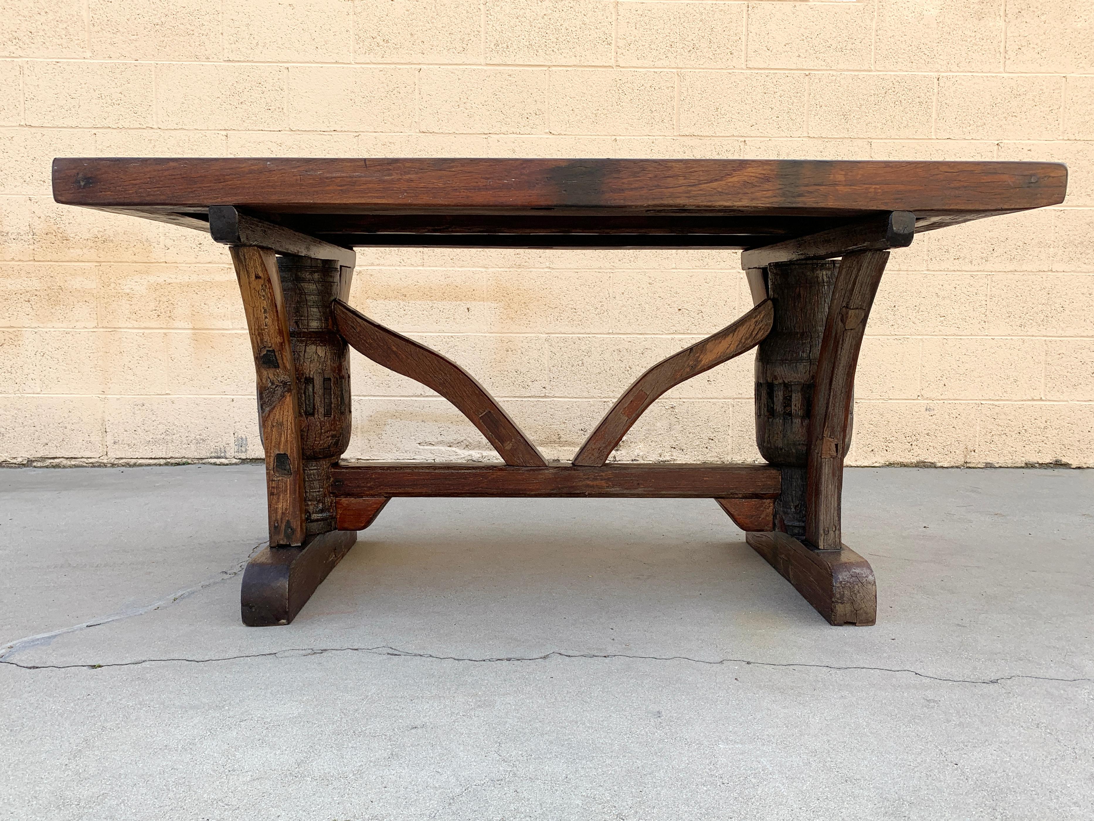 Indonesian Teak Dining Table Set with 4 Bench Seats In Good Condition In Alhambra, CA