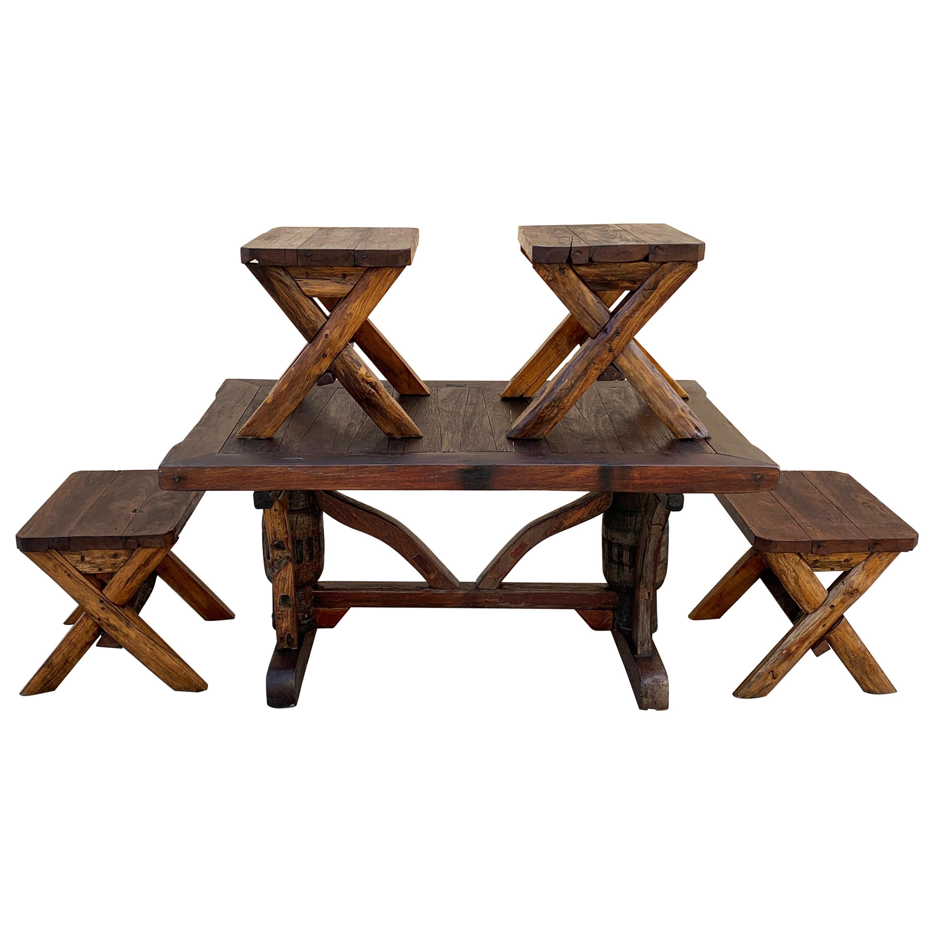 Indonesian Teak Dining Table Set with 4 Bench Seats