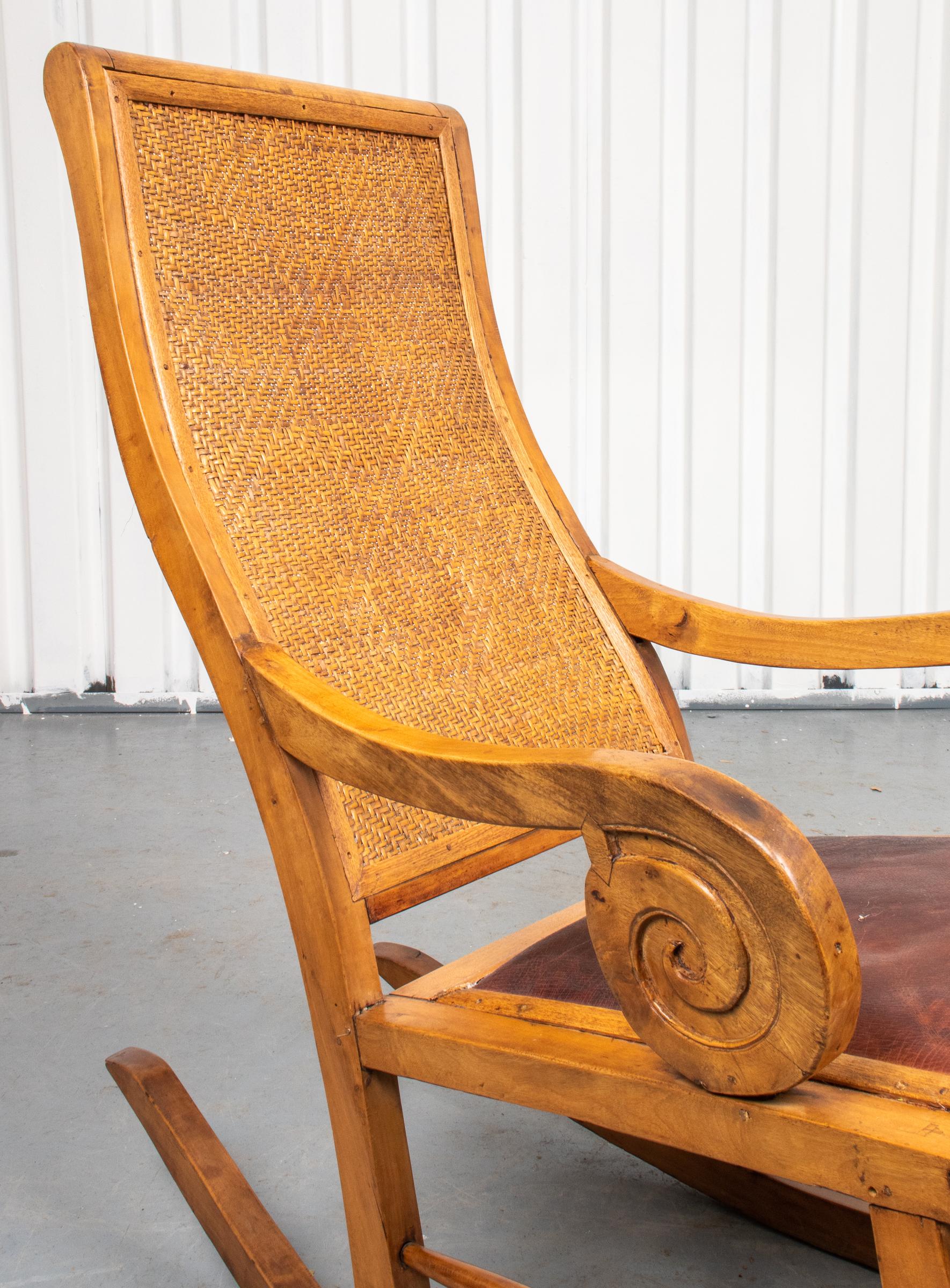 Mid-Century Modern Indonesian Teak Rocking Chair With Leather Seat