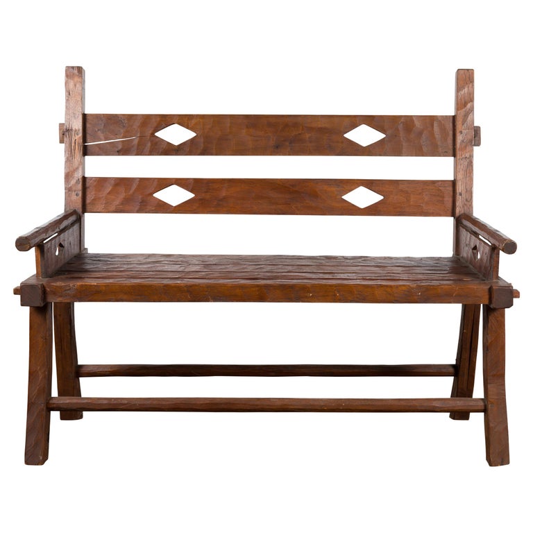 Indonesian Teak Wood Rustic Bench with Pierced Diamond Motifs and
