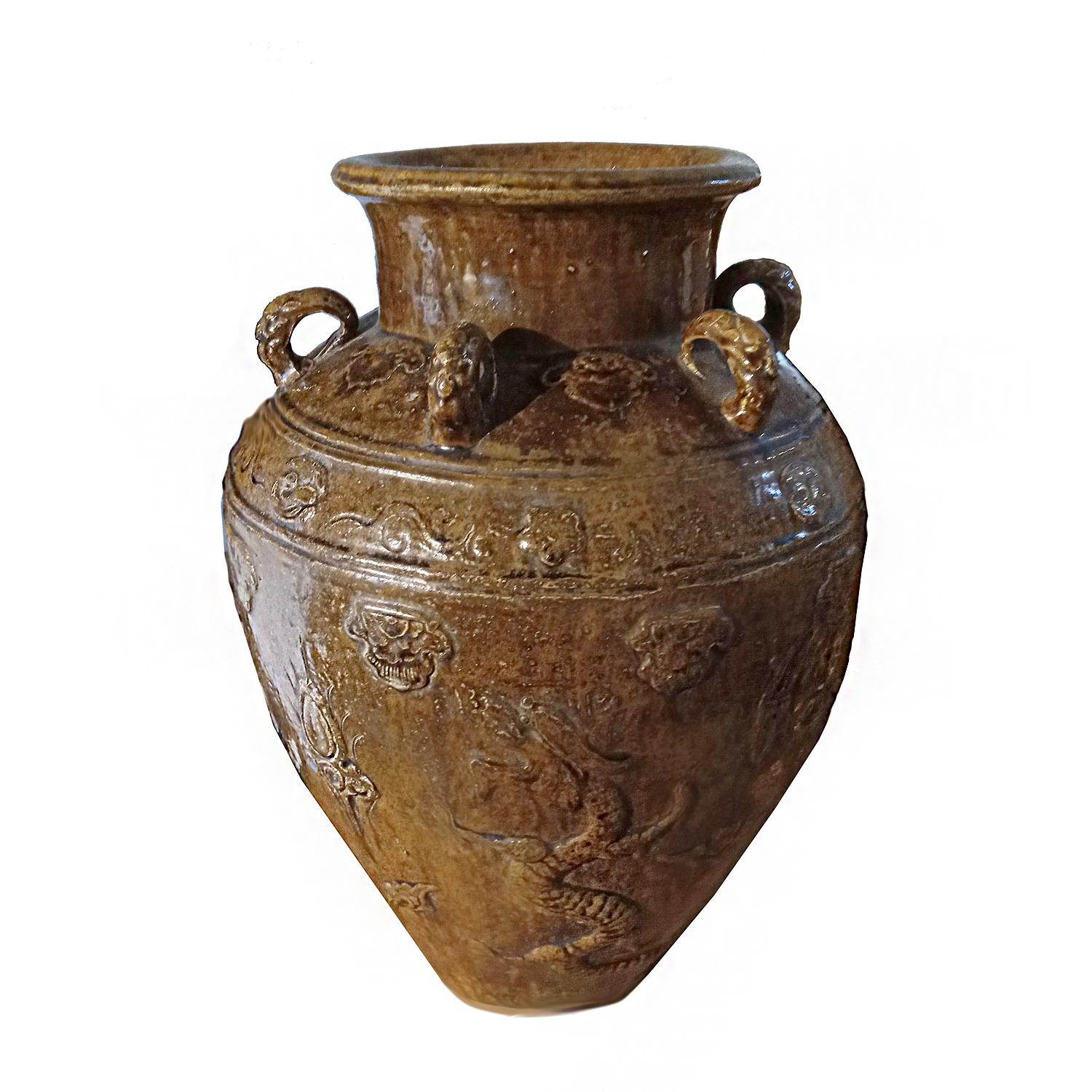 Indonesische Terrakotta Urne / JAR / Vase mit brauner Glasur und Drachenmotiv im Angebot 3