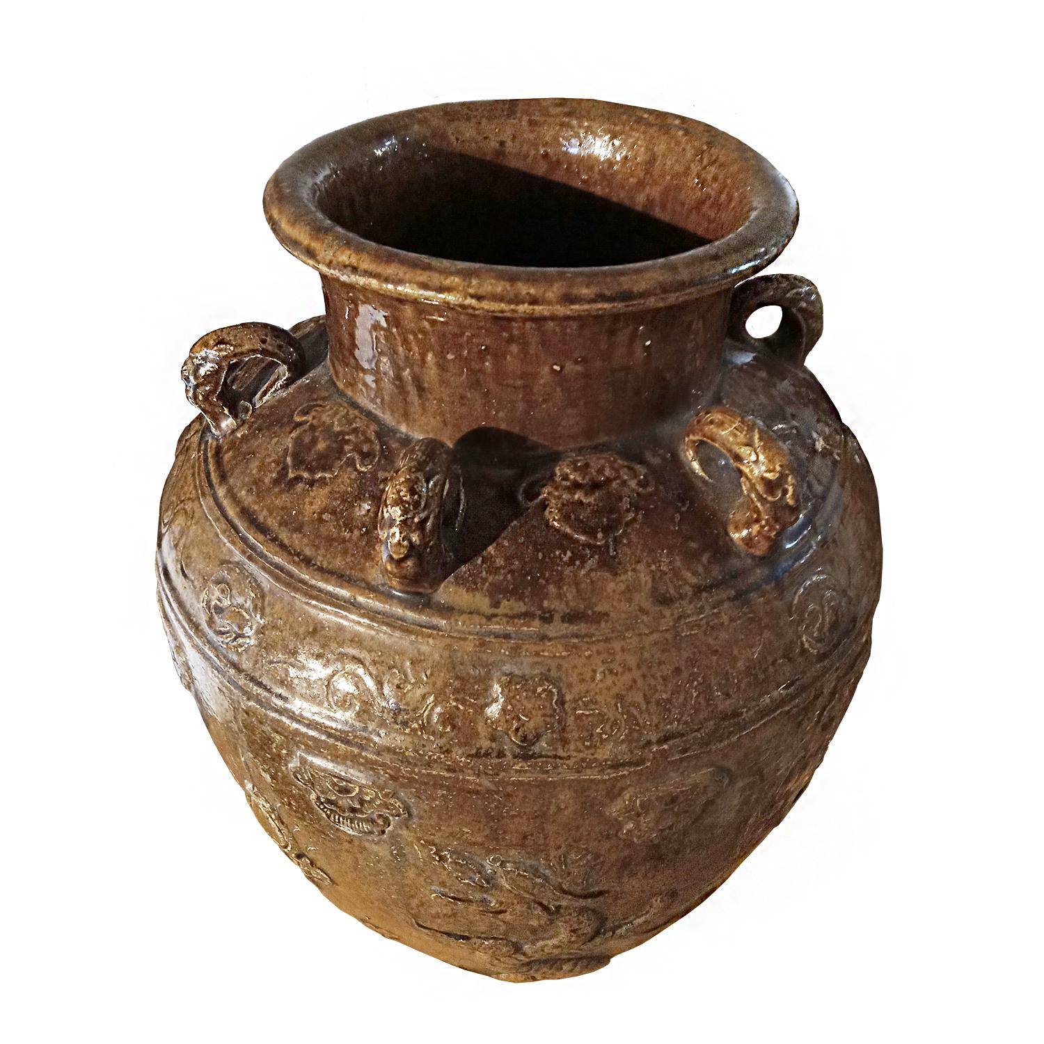Indonesian Terracotta Urn / Jar / Vase with Brown Glaze and Dragon Motif For Sale 5