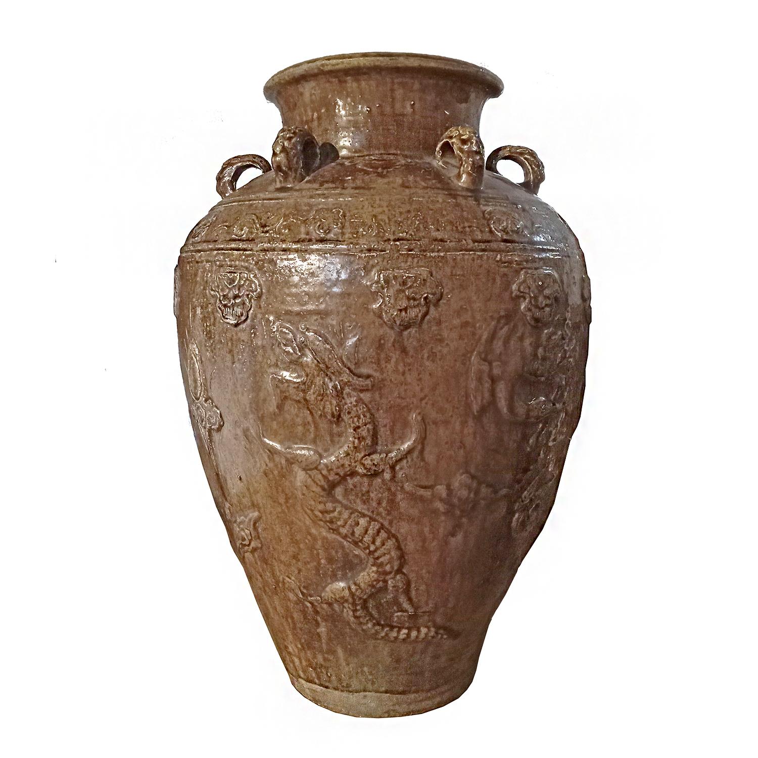 Indonesian Terracotta Urn / Jar / Vase with Brown Glaze and Dragon Motif For Sale 6