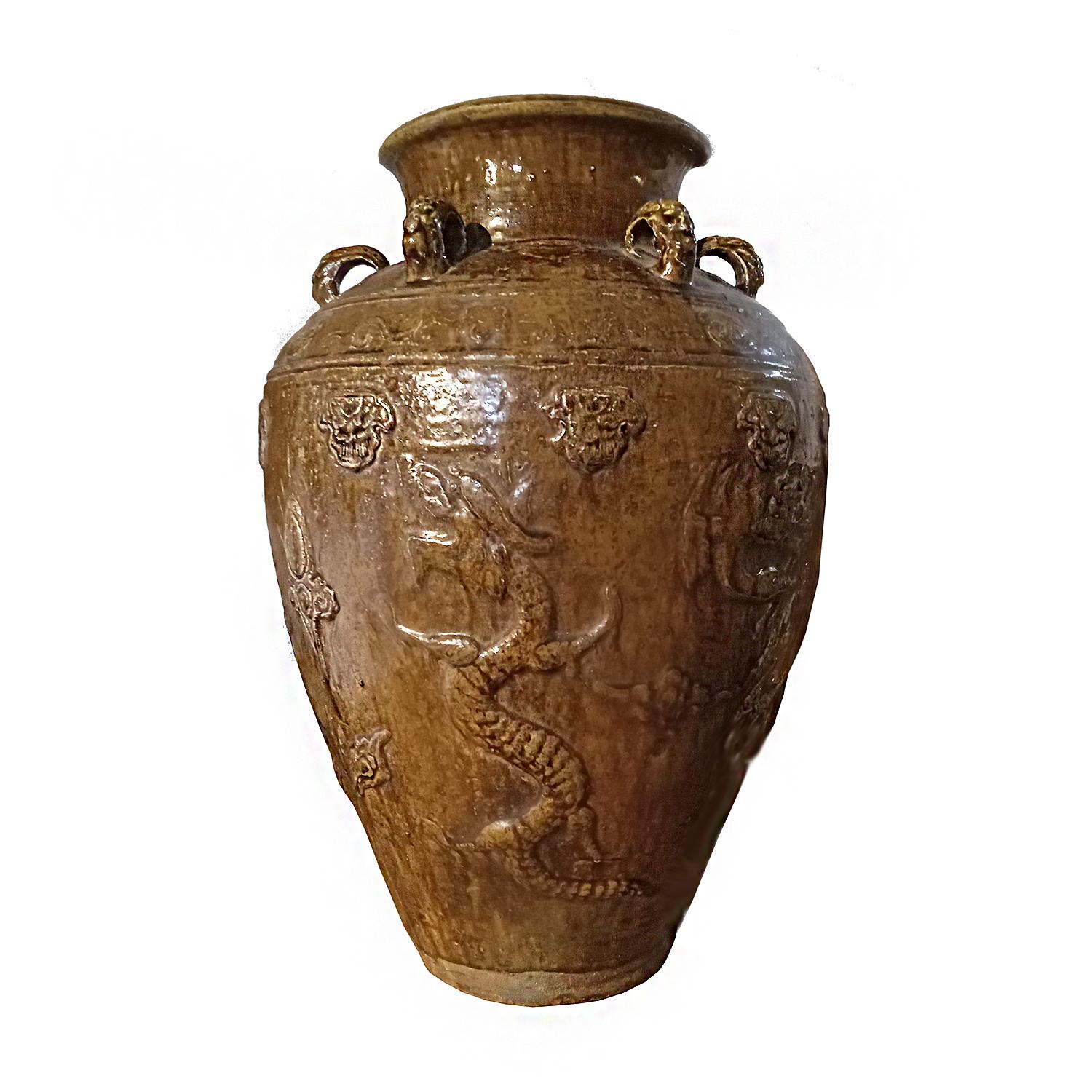 Indonesian Terracotta Urn / Jar / Vase with Brown Glaze and Dragon Motif For Sale 7