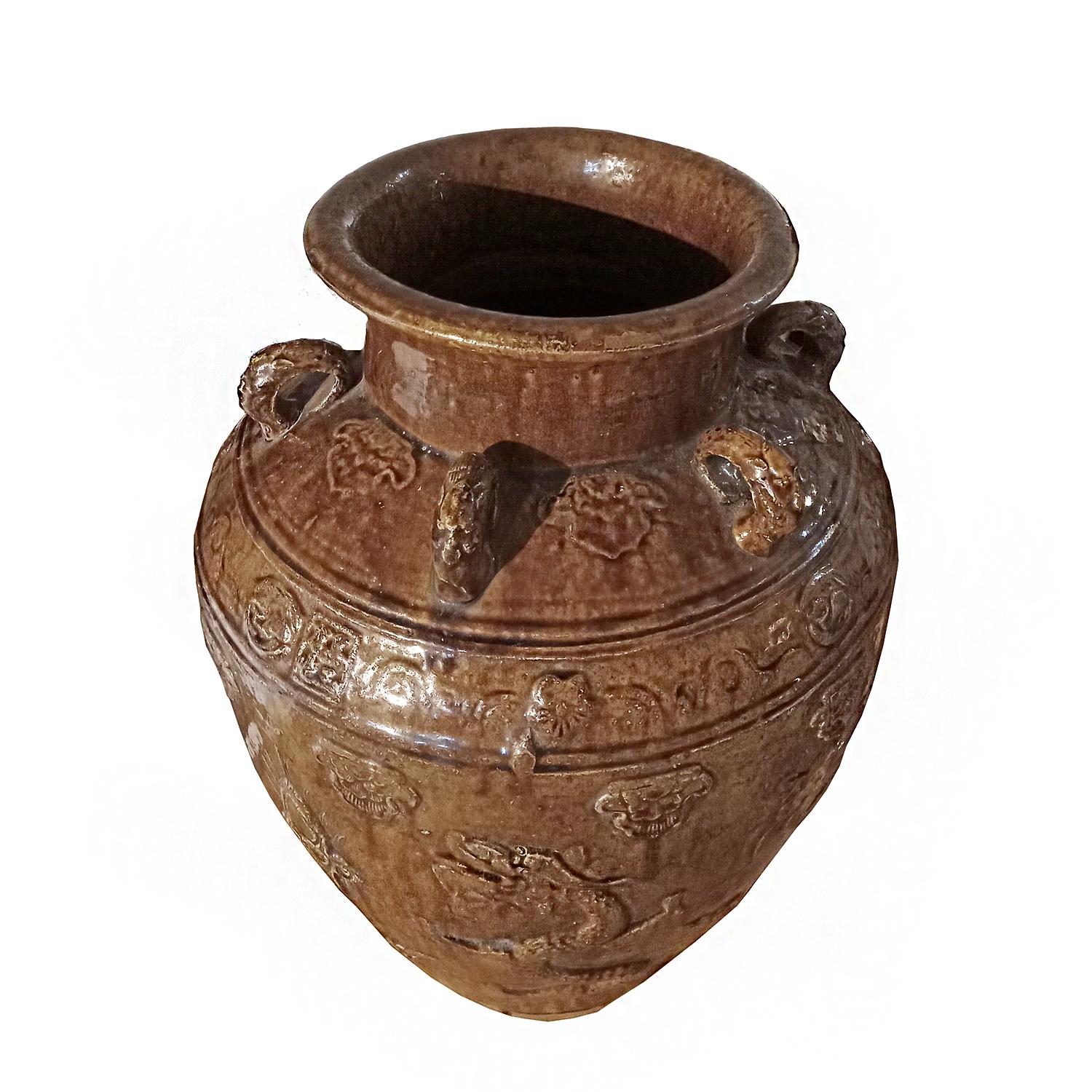 Indonesische Terrakotta Urne / JAR / Vase mit brauner Glasur und Drachenmotiv (Sonstiges) im Angebot