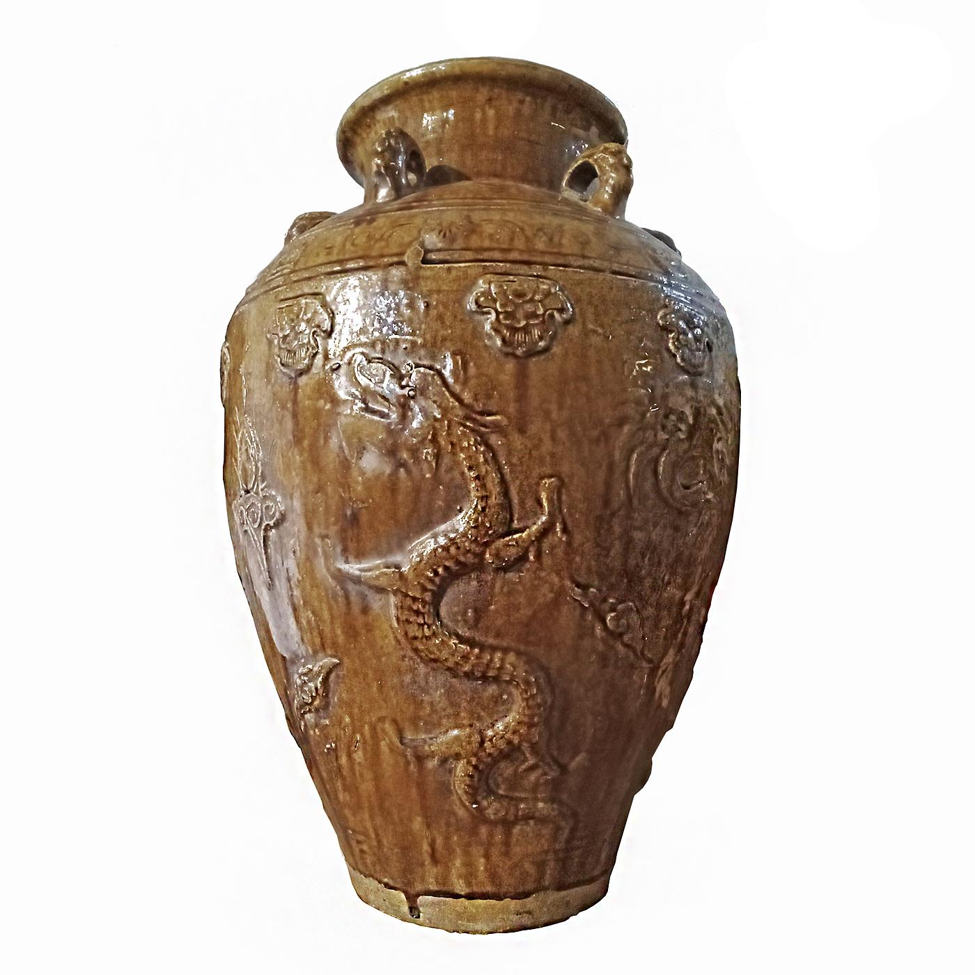 Glazed Indonesian Terracotta Urn / Jar / Vase with Brown Glaze and Dragon Motif For Sale