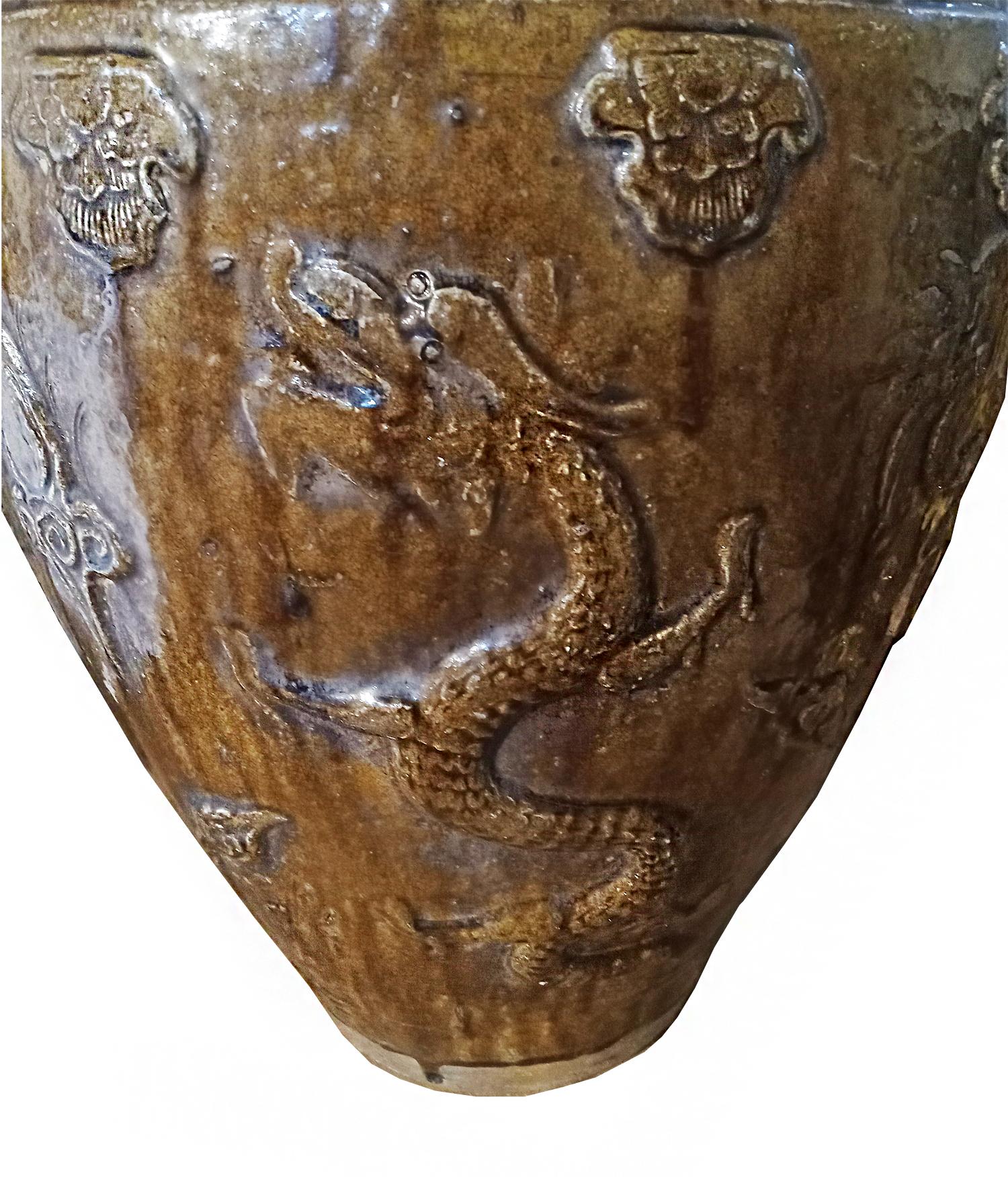 Indonesian Terracotta Urn / Jar / Vase with Brown Glaze and Dragon Motif In Good Condition For Sale In New York, NY