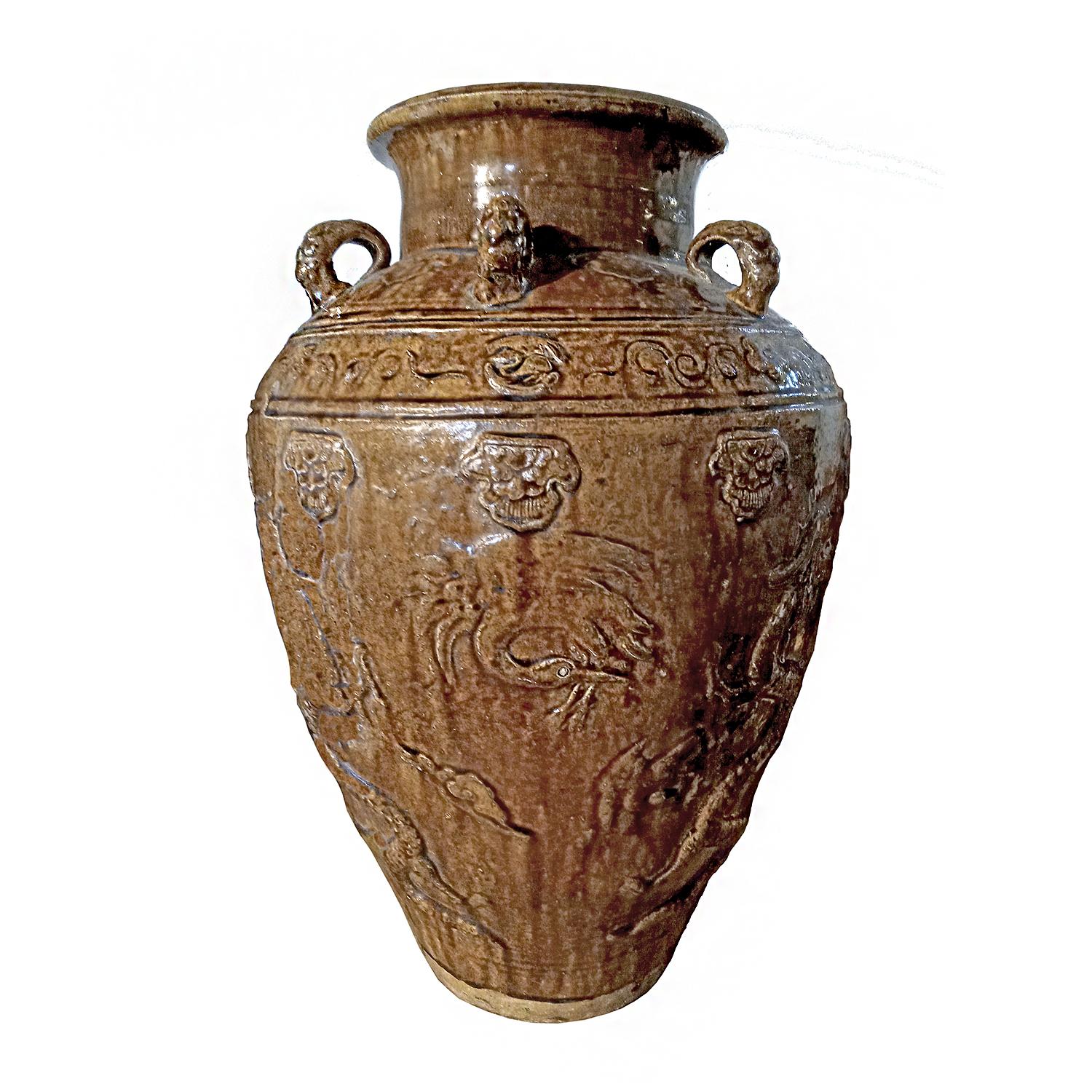 Indonesische Terrakotta Urne / JAR / Vase mit brauner Glasur und Drachenmotiv (Ende des 20. Jahrhunderts) im Angebot