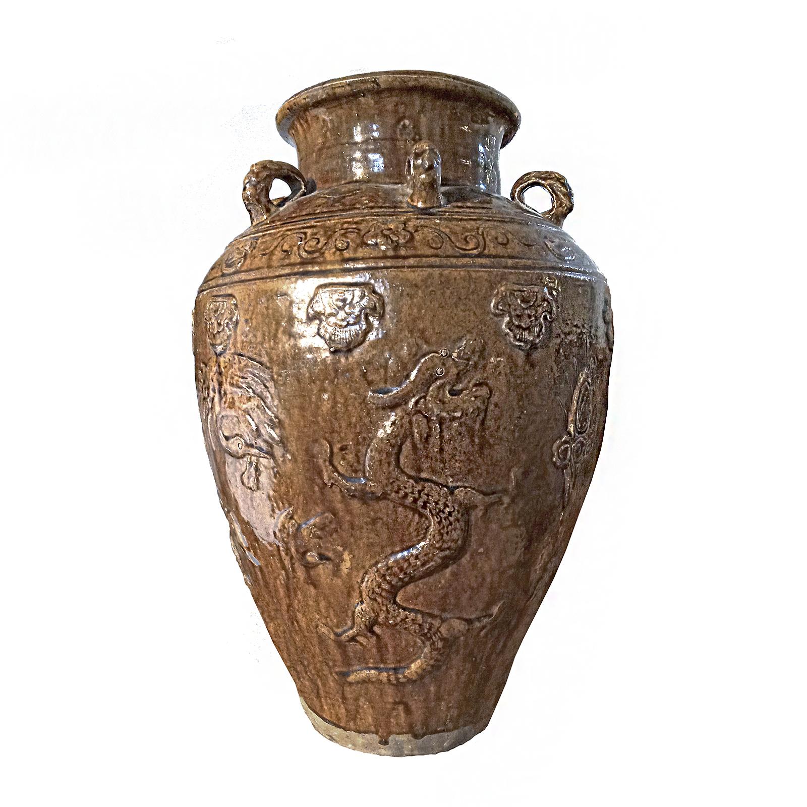 Ceramic Indonesian Terracotta Urn / Jar / Vase with Brown Glaze and Dragon Motif For Sale
