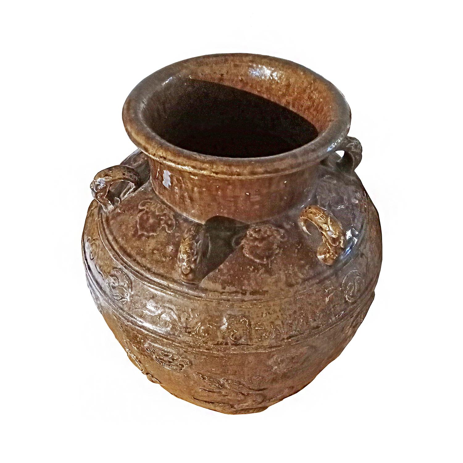 Indonesische Terrakotta Urne / JAR / Vase mit brauner Glasur und Drachenmotiv im Angebot 2