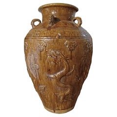 Retro Indonesian Terracotta Urn / Jar / Vase with Brown Glaze and Dragon Motif