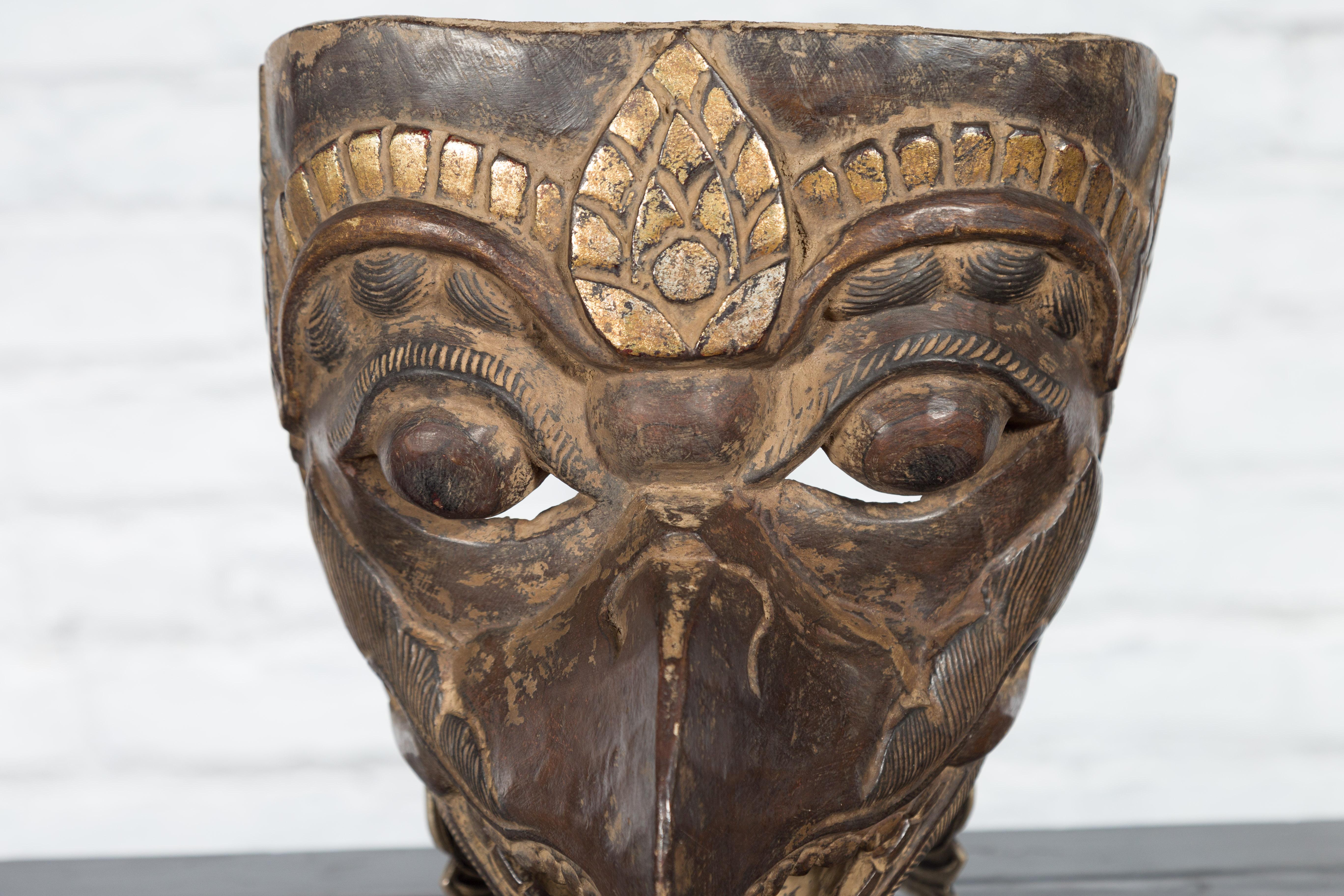 20th Century Indonesian Tribal Lombok Animal Mask with Gilded Accents and Striking Features