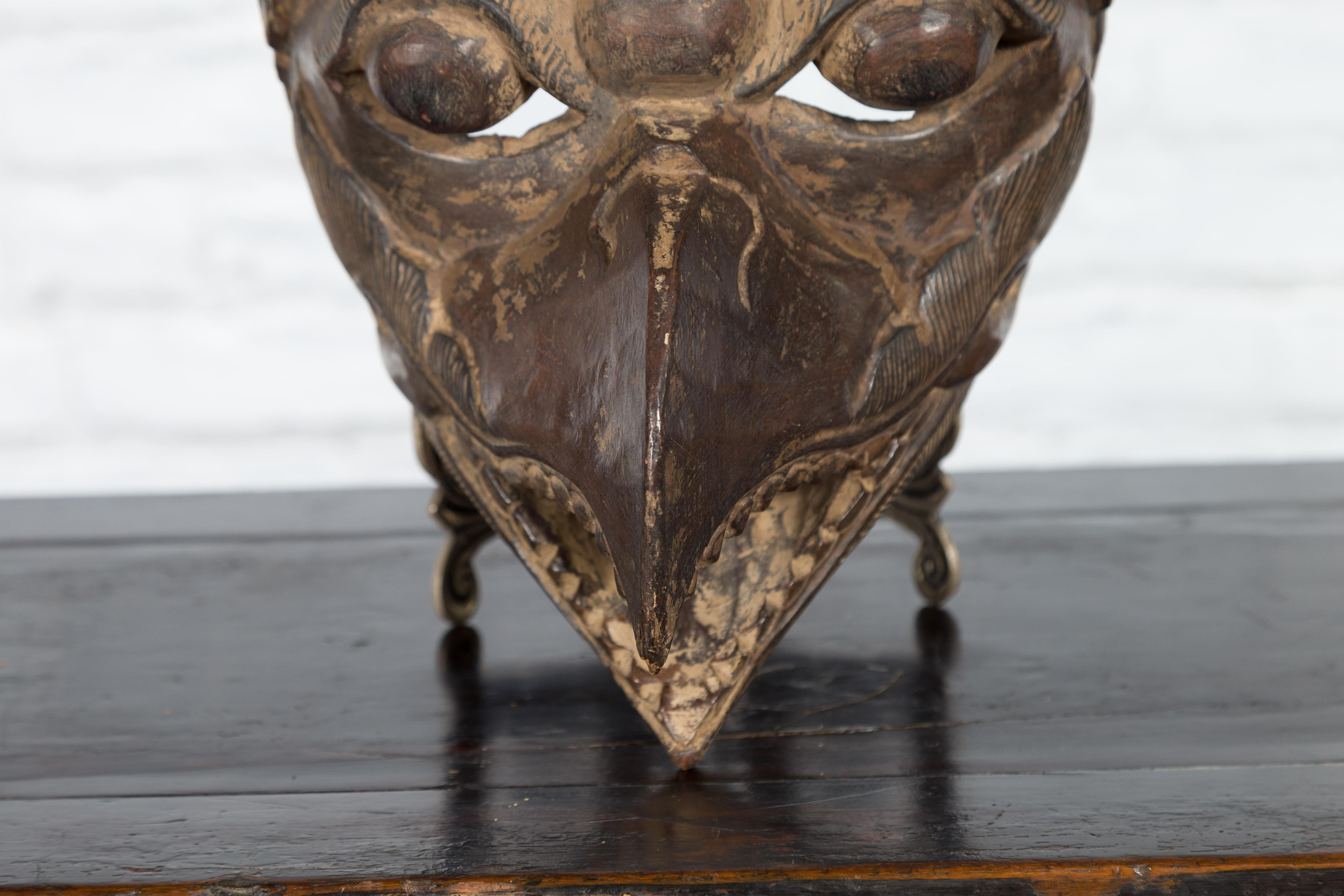 Wood Indonesian Tribal Lombok Animal Mask with Gilded Accents and Striking Features