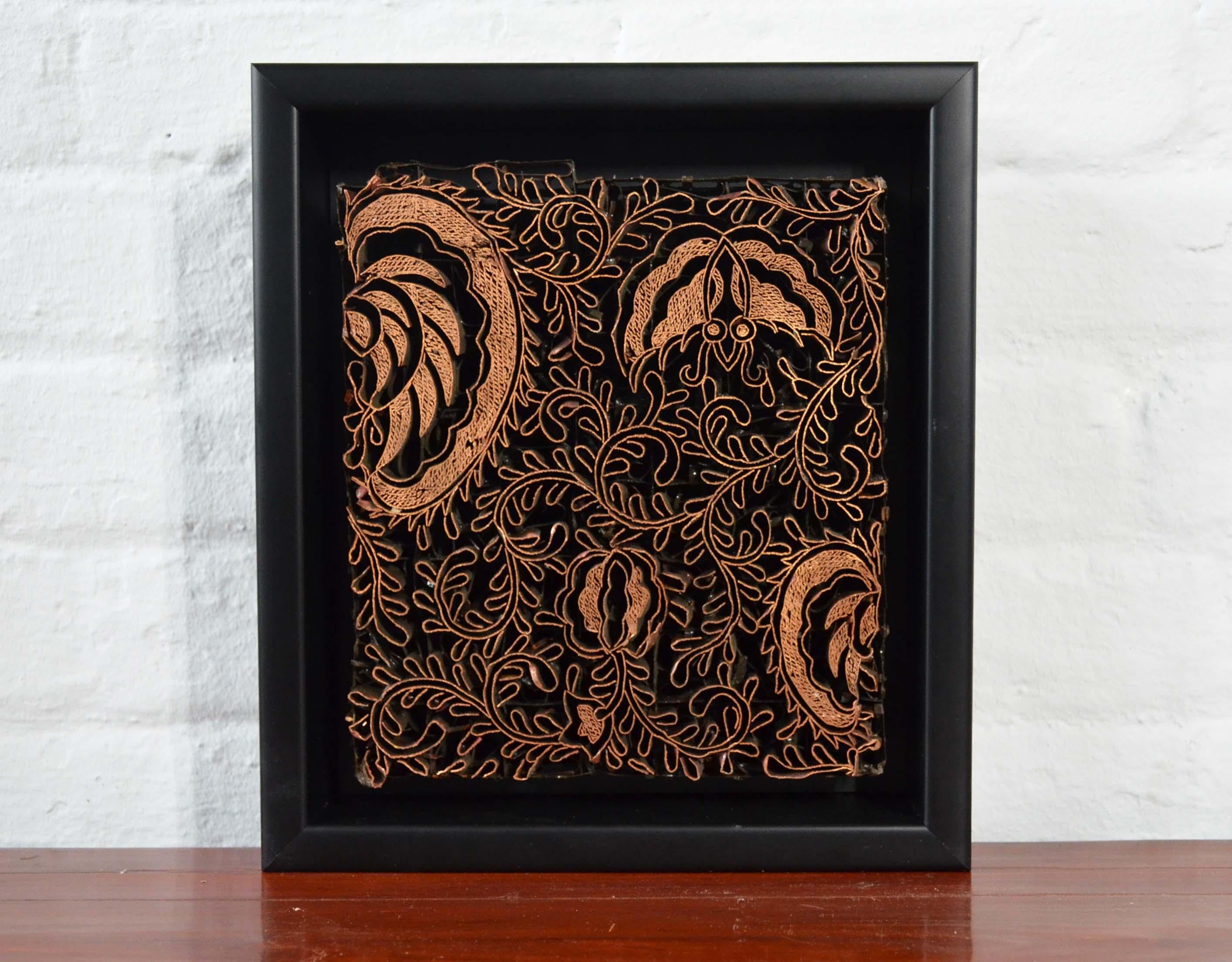 Indonesian Vintage Copper Batik Textile Printing Block Mounted in Shadow Box In Good Condition In Yonkers, NY