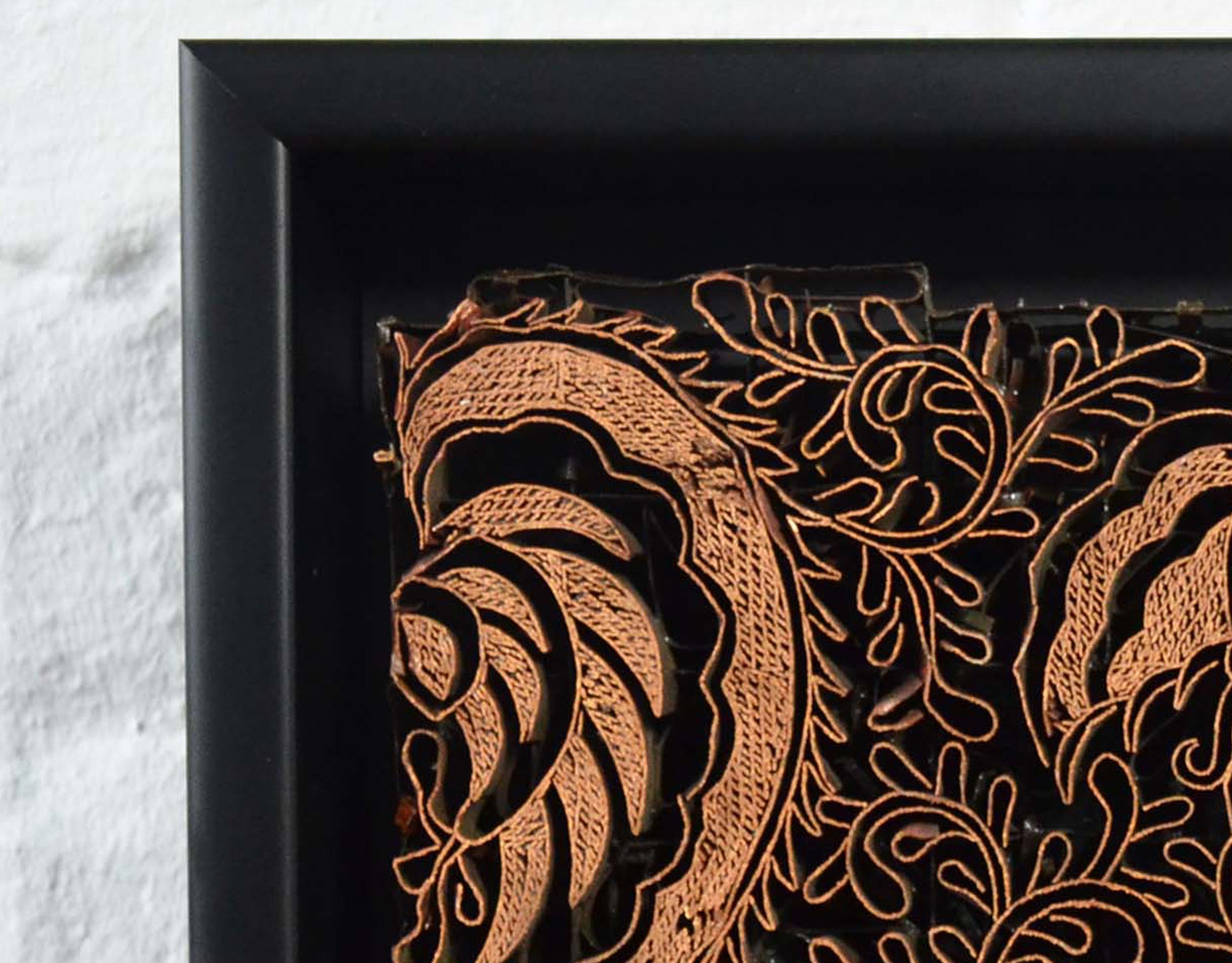 Indonesian Vintage Copper Batik Textile Printing Block Mounted in Shadow Box 1