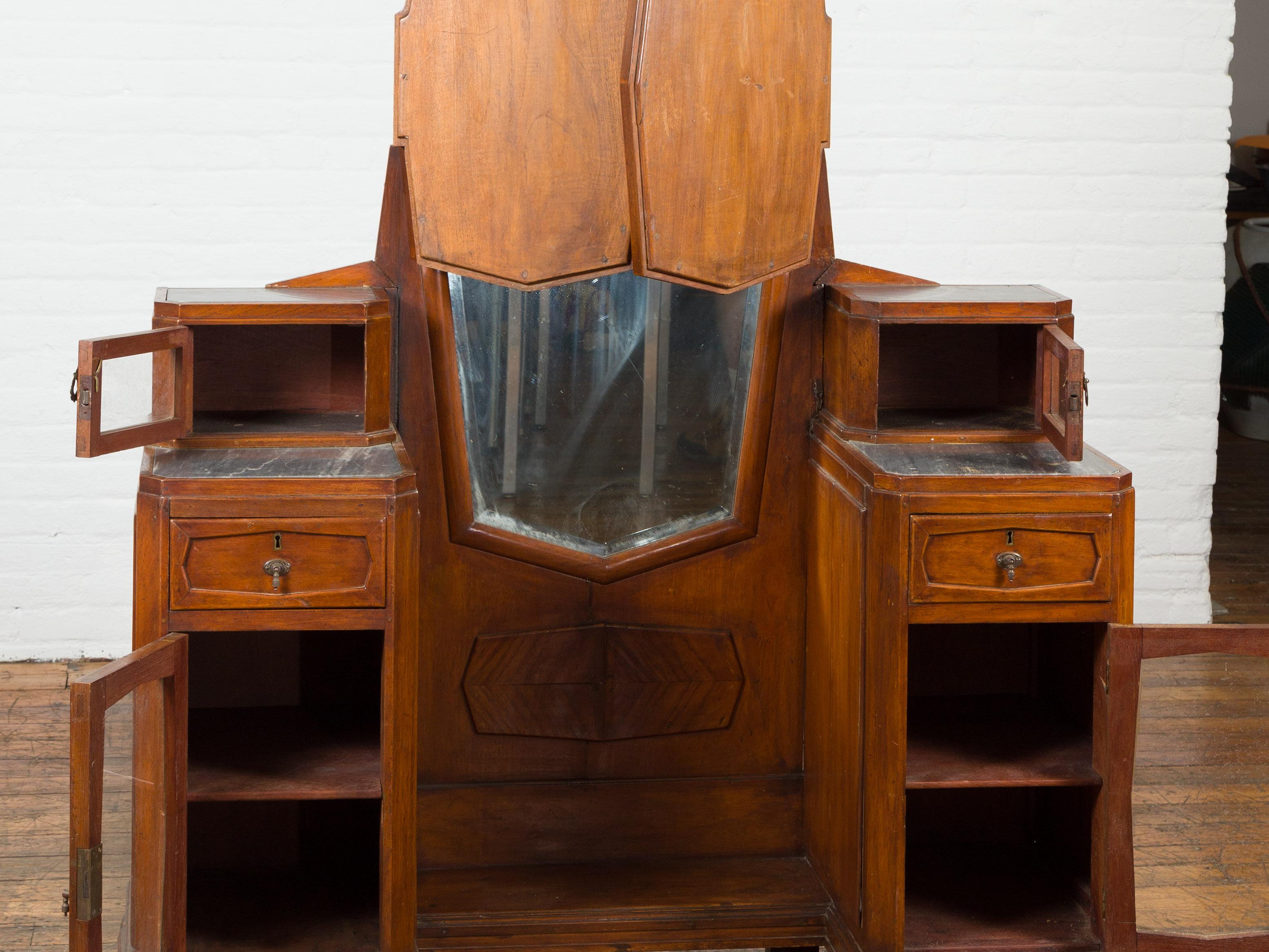 20th Century Indonesian Vintage Vanity Table with Octagonal Mirrors & Marble Tabletops For Sale