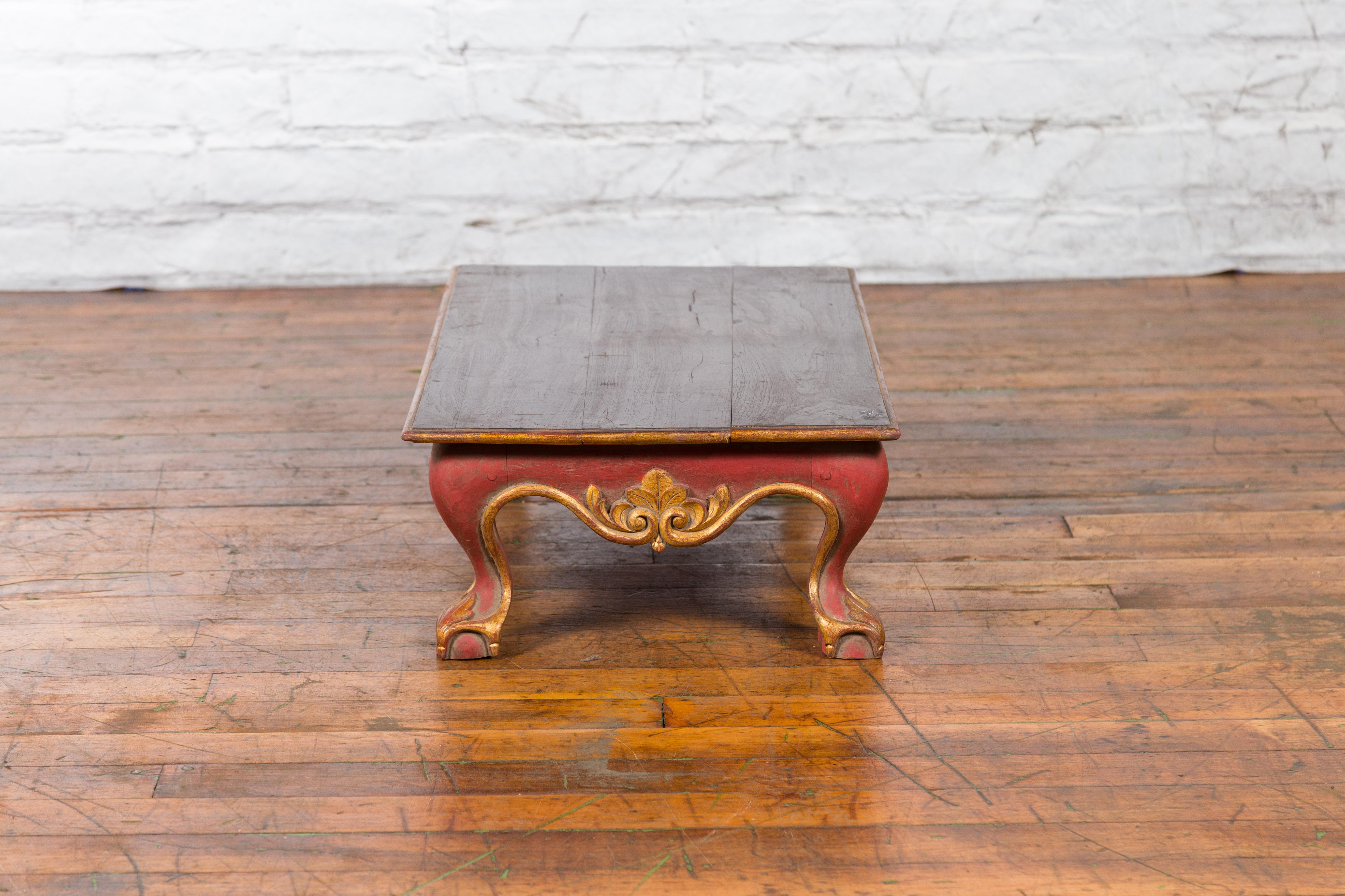 Indonesian Vintage Rococo Style Red and Gold Low Table with Ball-and-claw Feet For Sale 5