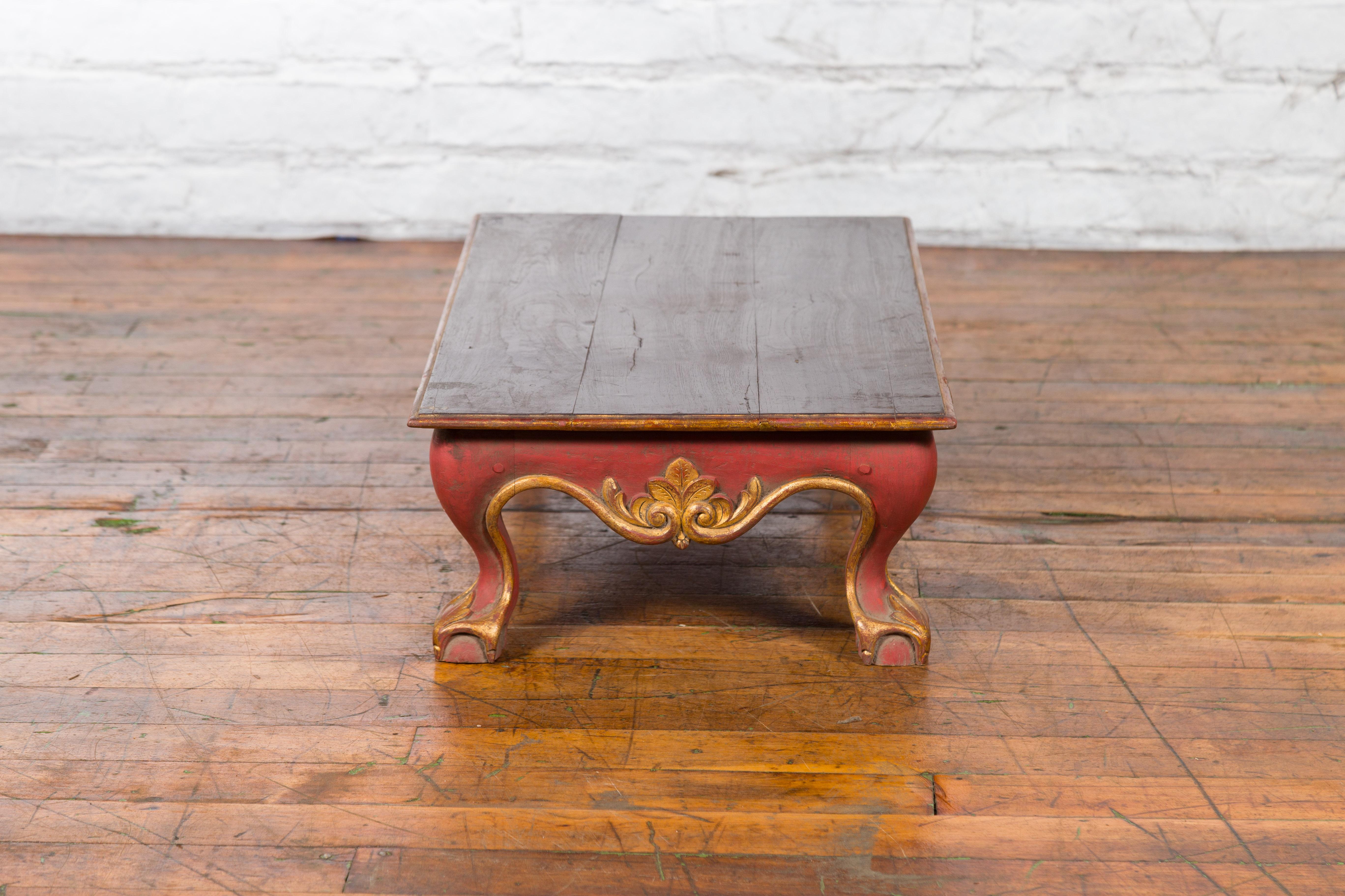 Indonesian Vintage Rococo Style Red and Gold Low Table with Ball-and-claw Feet For Sale 7