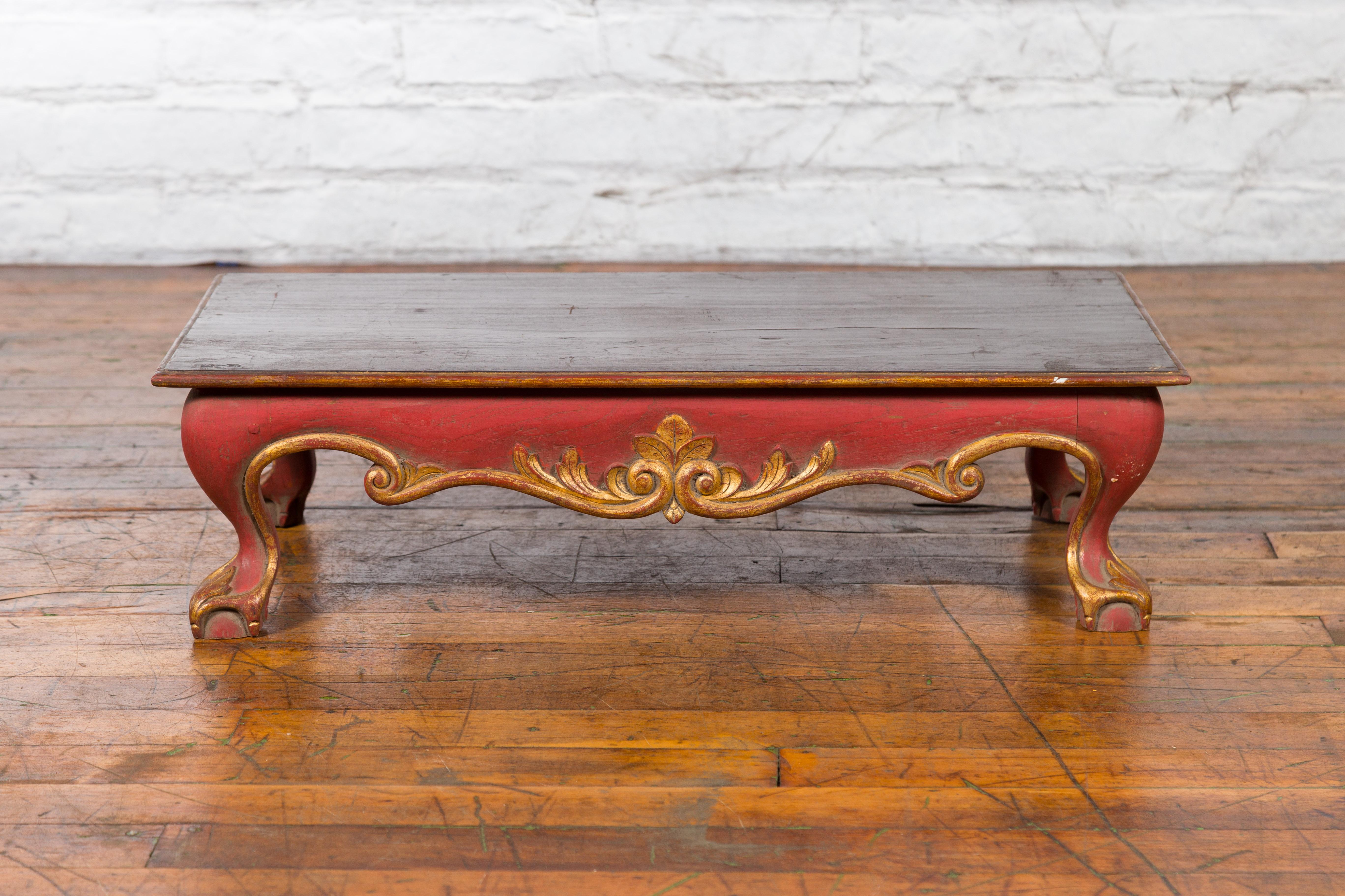 20th Century Indonesian Vintage Rococo Style Red and Gold Low Table with Ball-and-claw Feet For Sale